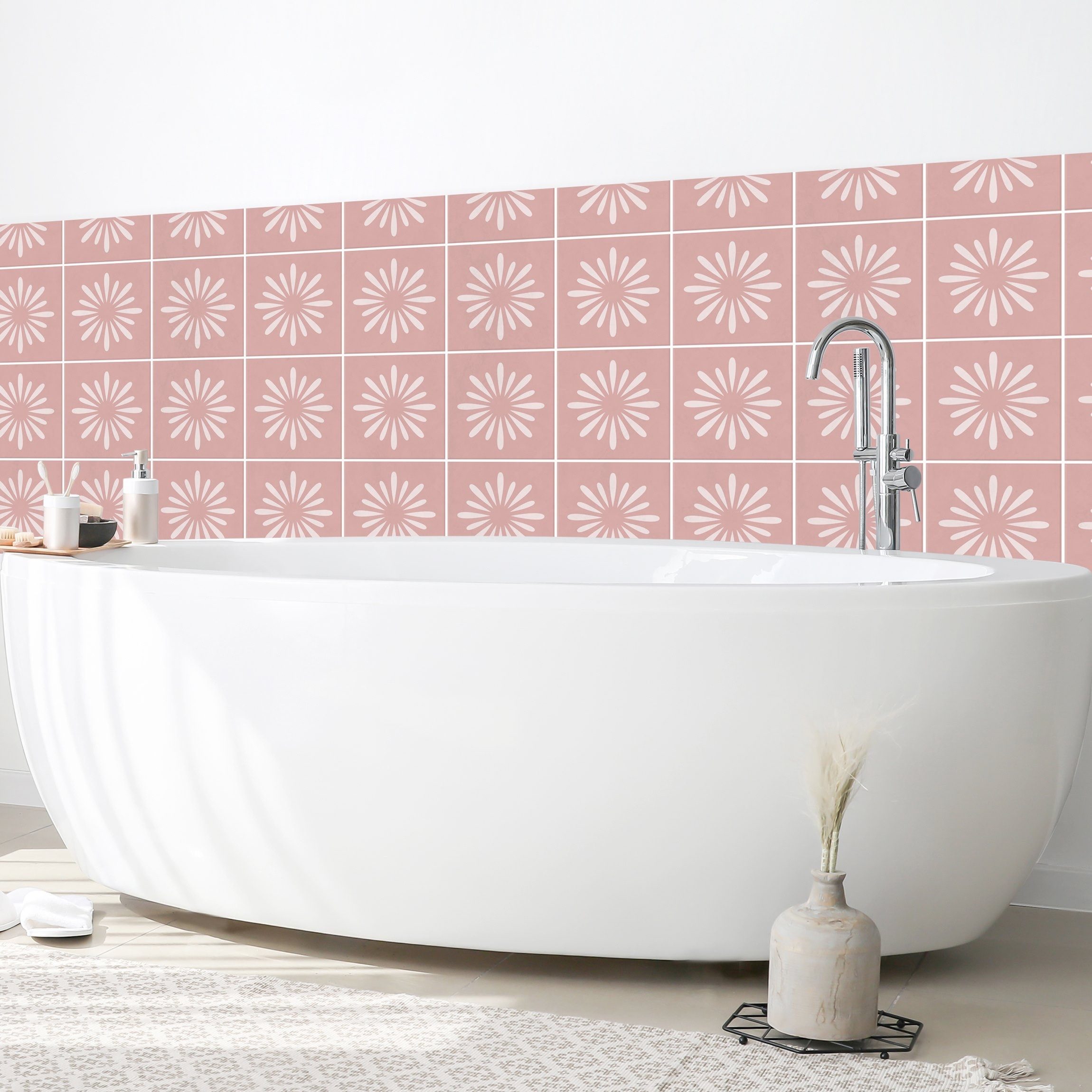 Bilderdepot24 Badrückwand rosa fugenlose Wandverkleidung Bad modern, (Hartfolie matt » Selbstklebend SMART 0,35 mm), wasserfestes Wandpaneel Fliesen Blumen Rosa