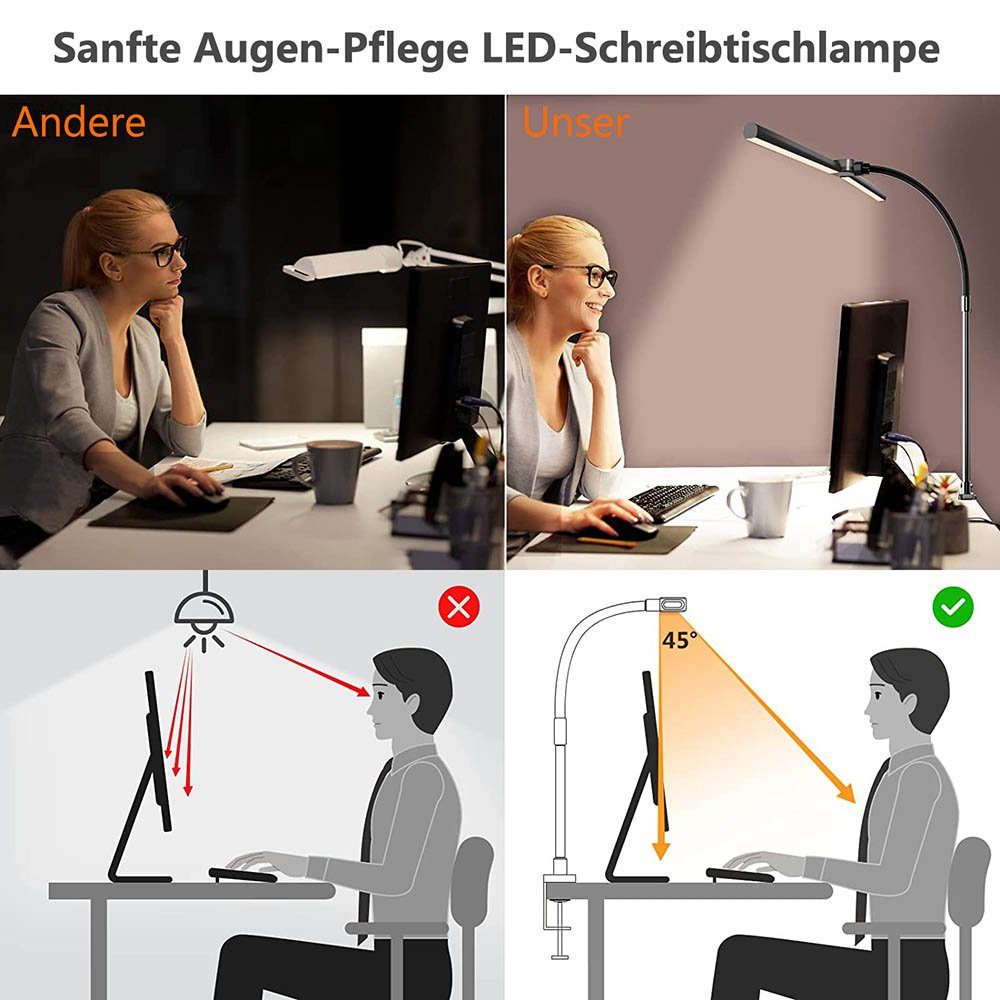 Sunicol LED Tischlampe Dimmbar, Flexibler Studieren Klemme, Büroleuchte, 24W mit Farbe mit Schwanenhals, Leselampe, flexibler Tischleuchte 5 360°