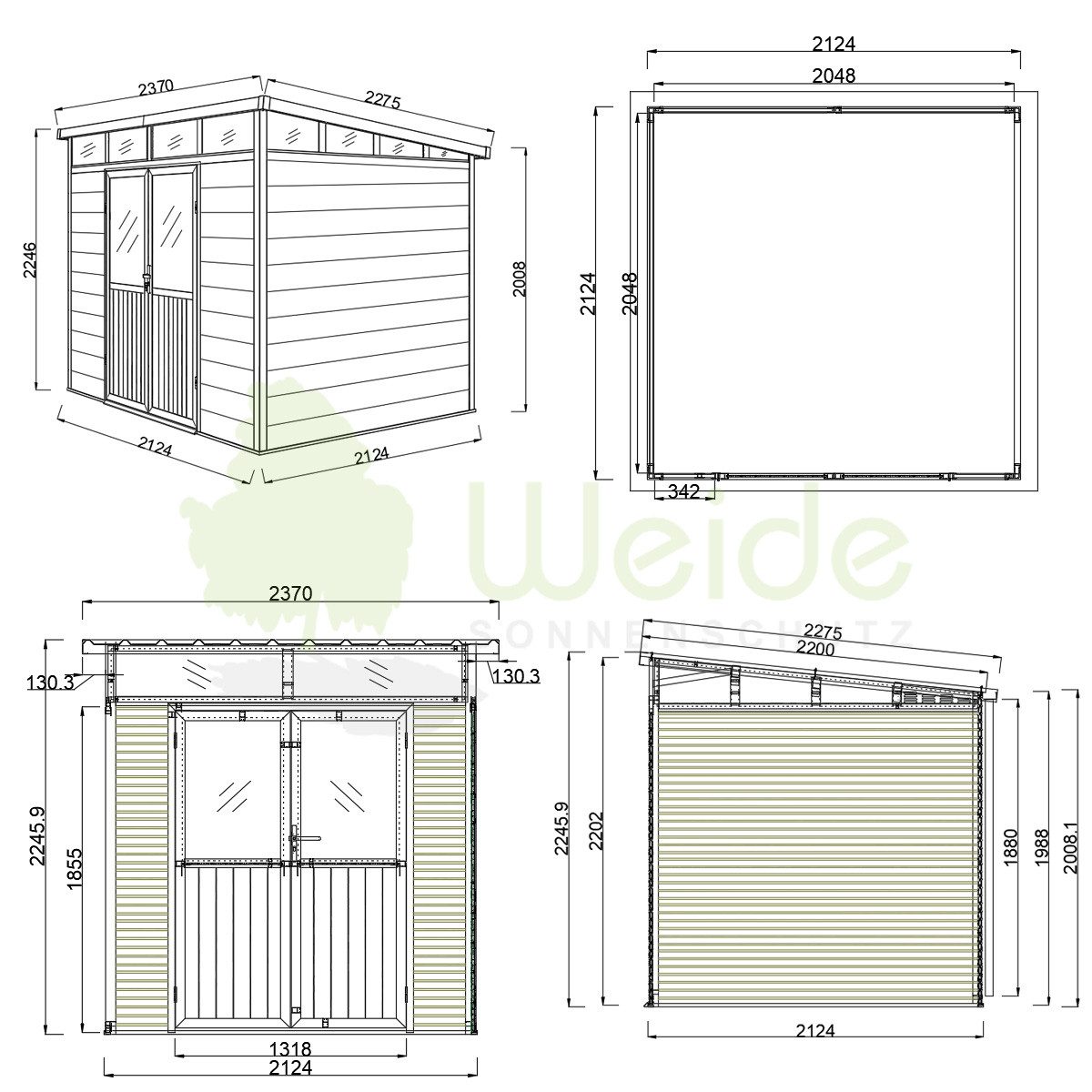 Weide Gartenhaus Weide Aluminium & WPC Gartenhaus 218x218x226cm Teak, BxT: 218x218 cm