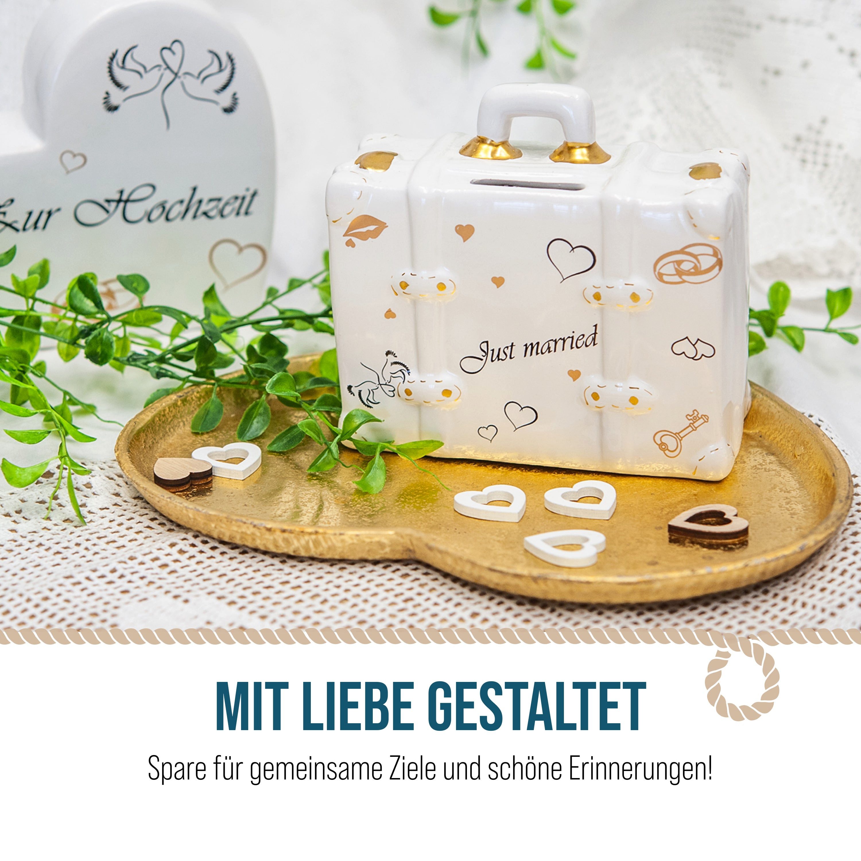 Logbuch-Verlag Dekofigur Spardose Koffer Just Married – Hochzeits-Spardose aus Keramik – Bild 5 von 5
