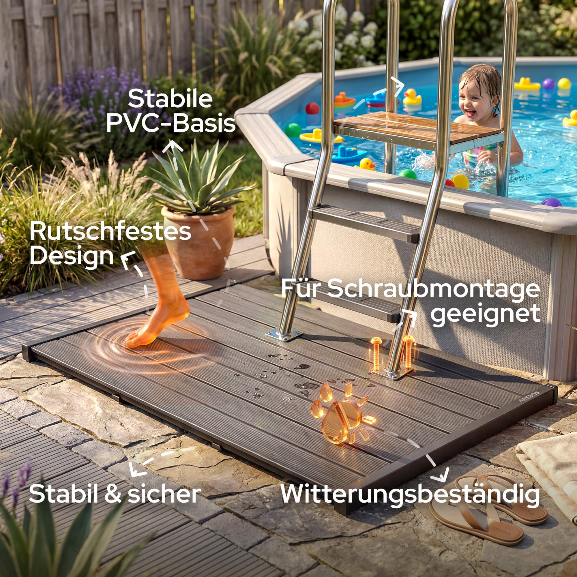 Arebos Solardusche PVC Bodenplatte rutschfest wetterfest stabil für Garten Dusche Pool, Belastbar, witterungsbeständig und vielseitig einsetzbar