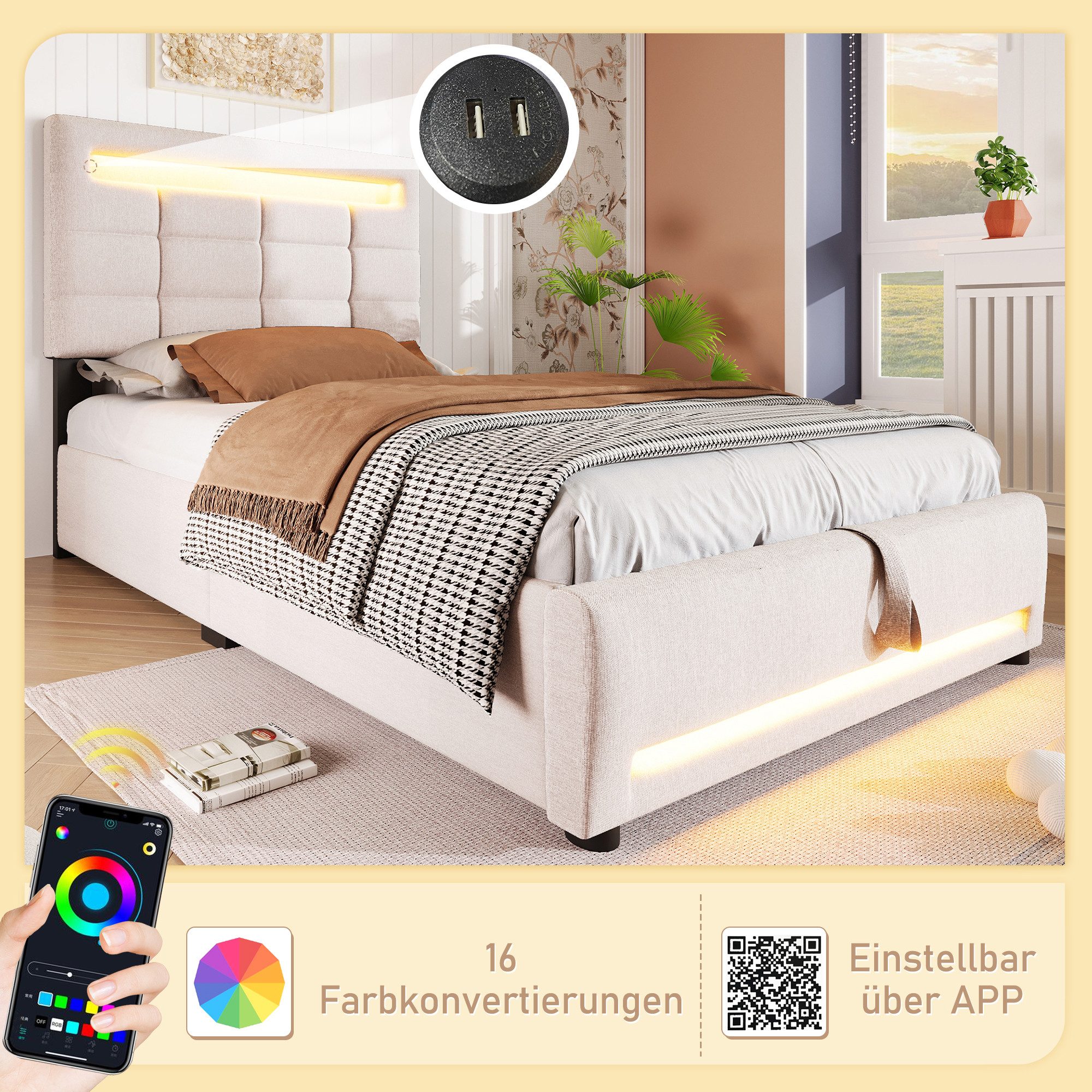 REDOM Polsterbett mit LED-Licht & APP-Steuerung, günstig online kaufen