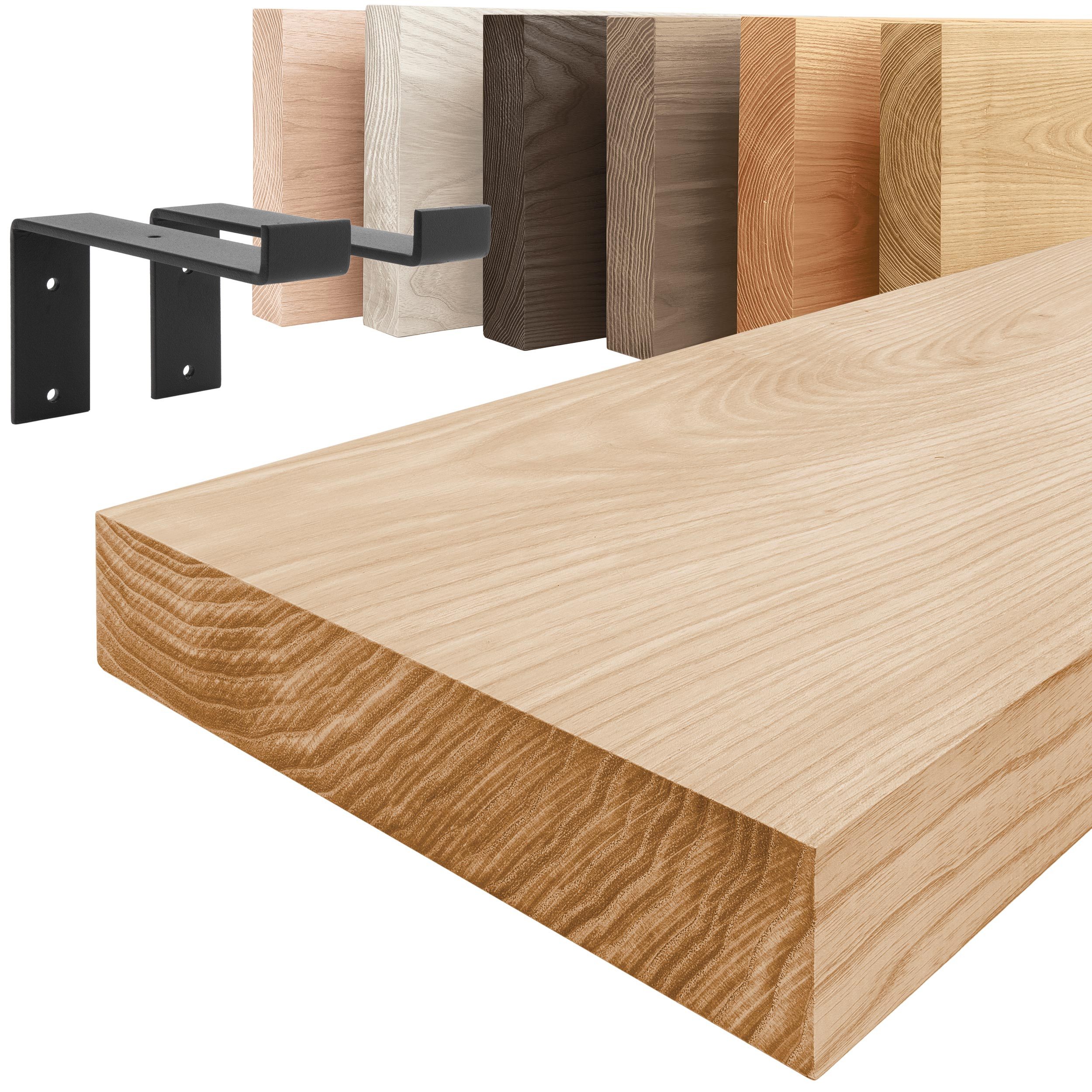 LAMO Manufaktur Wandregal Holz Gerade Regal Farbe: Natur mit schwarzem Original 40 cm, Komplett-Set, 40mm stake Massivholzplatte