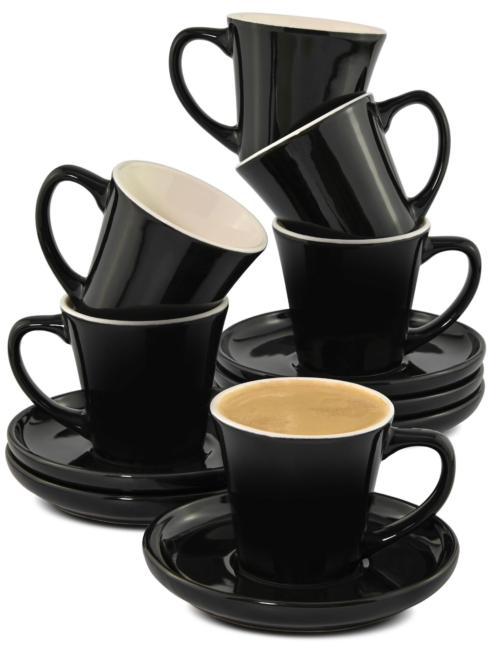 Cosumy Espressotasse Espressotassen 6er Set Schwarz mit Untertassen - Keramik - Hält Lange, 12-tlg., Keramik, 70ml