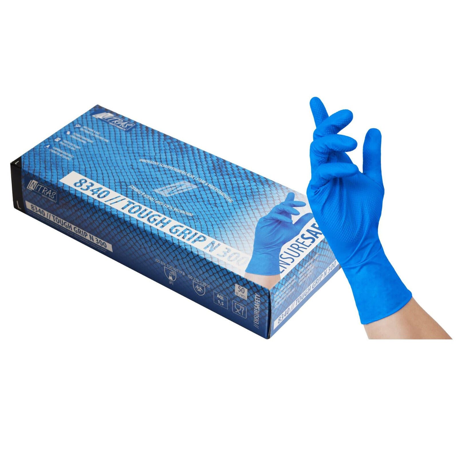 Nitras Einweghandschuhe Touch Grip N 300 Nitril-Einmalhandschuhe blau Box 50 Stück 8340 (Box, VPE=50 Stück je Box, Gr S-XXl) extra lang/ extra Grip