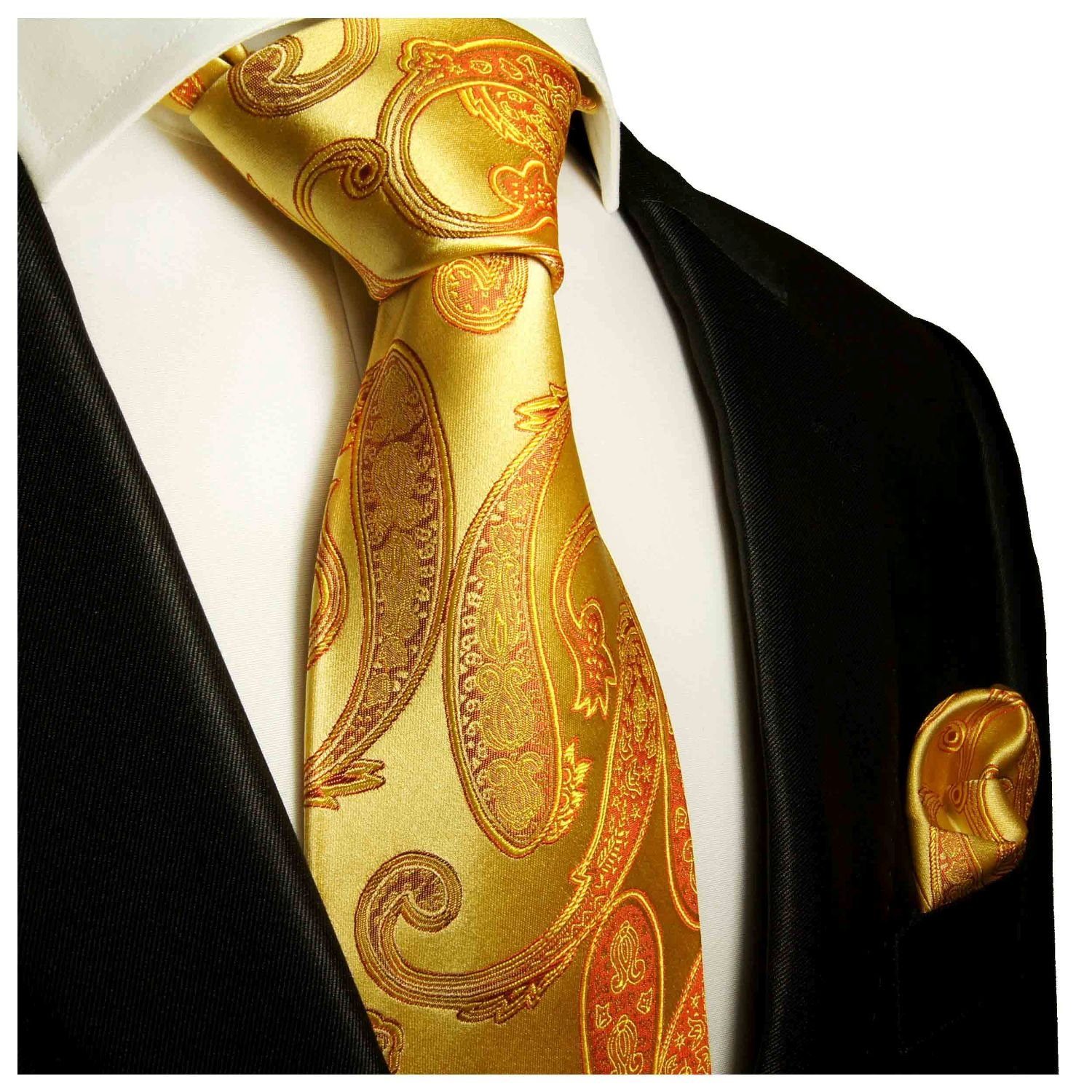 Paul Malone Krawatte Herren Seidenkrawatte und Tuch modern paisley brokat 100% Seide (Set, 2-St., Krawatte mit Einstecktuch) Breit (8cm), gold 517