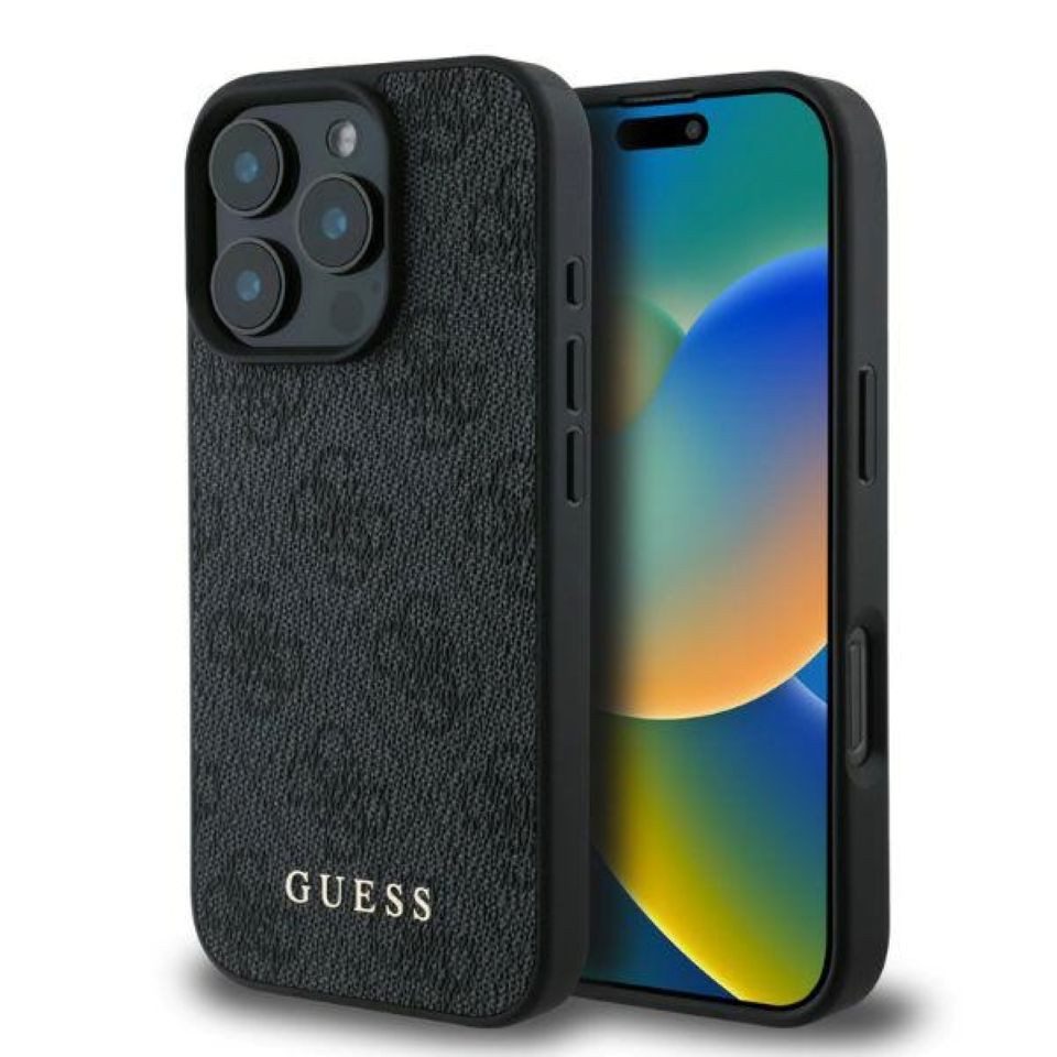 Handyhülle iPhone 16 Pro Max Kunstleder grau Muster Logo goldfarbig