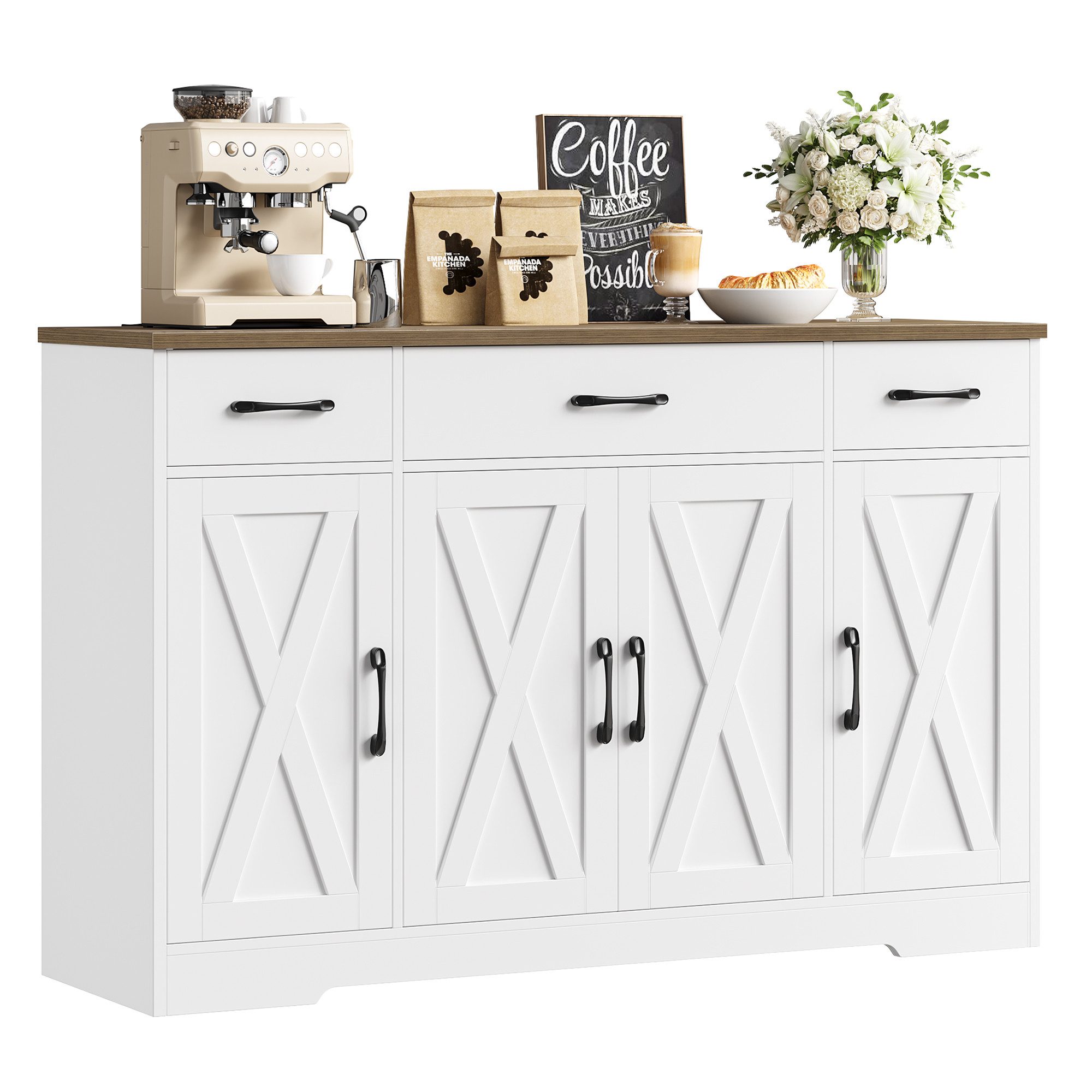 HOMECHO Sideboard, 140cm Breite Küchenschrank 3 Schubladen 4 Türen, Verstellbaren Regalen