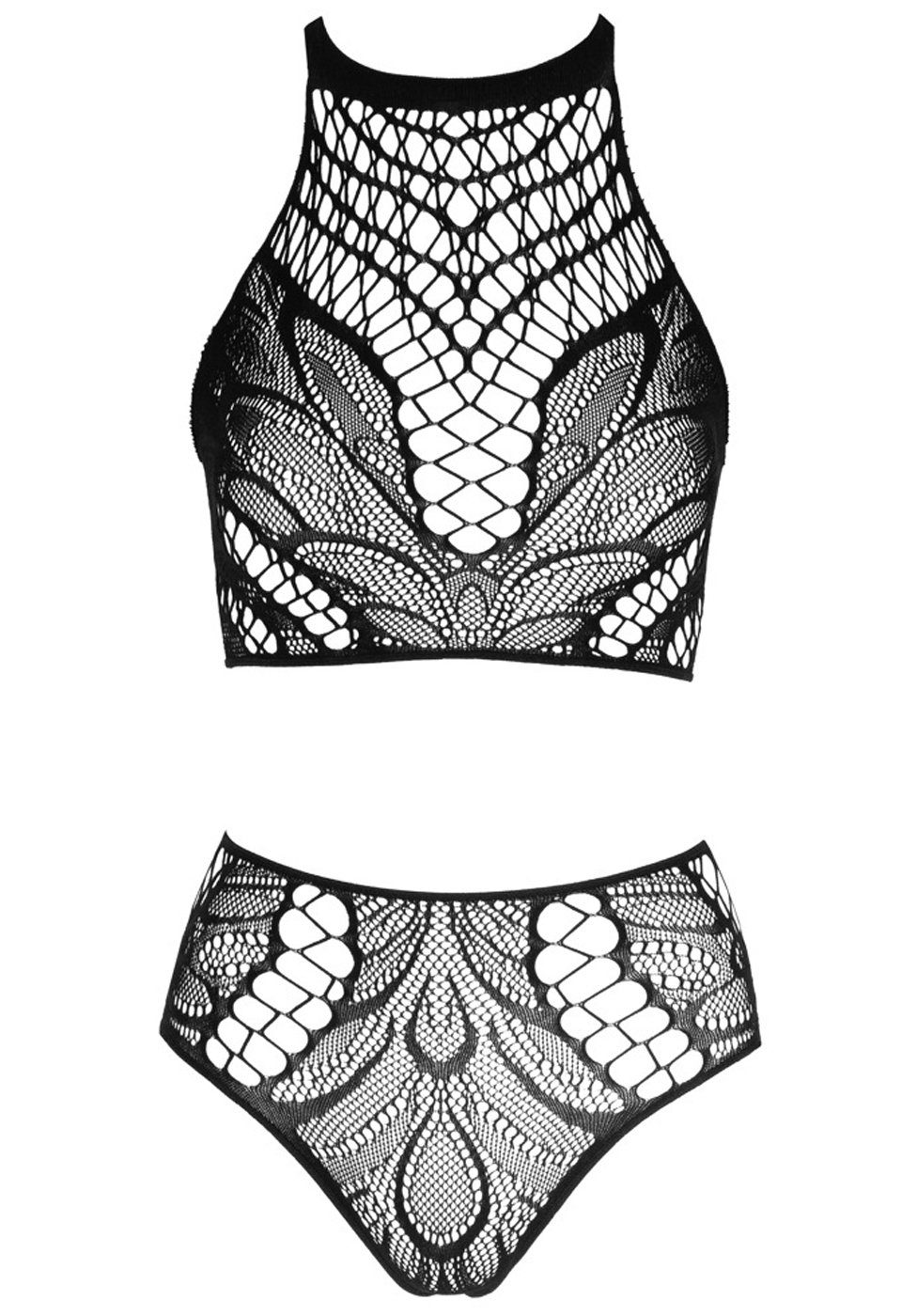 NO:XQSE Set: Bügelloser BH Top und Slip ouvert im Set - schwarz (2-tlg) aus elastischem Netz-Stoff