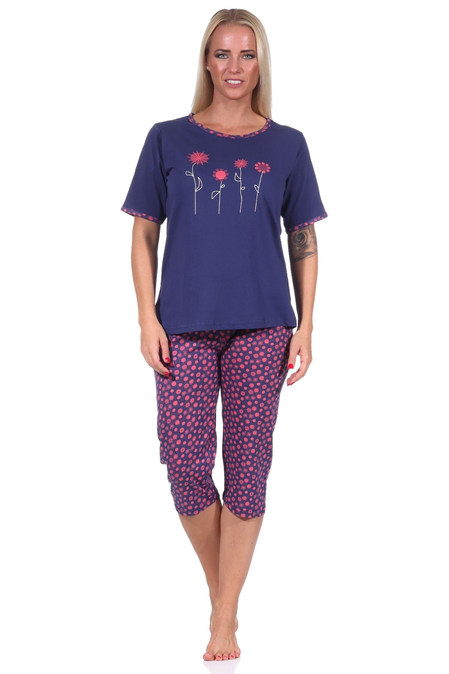 Damen Capri-Pyjama mit Knopfleiste Kurzarm Hose Allover 63337 