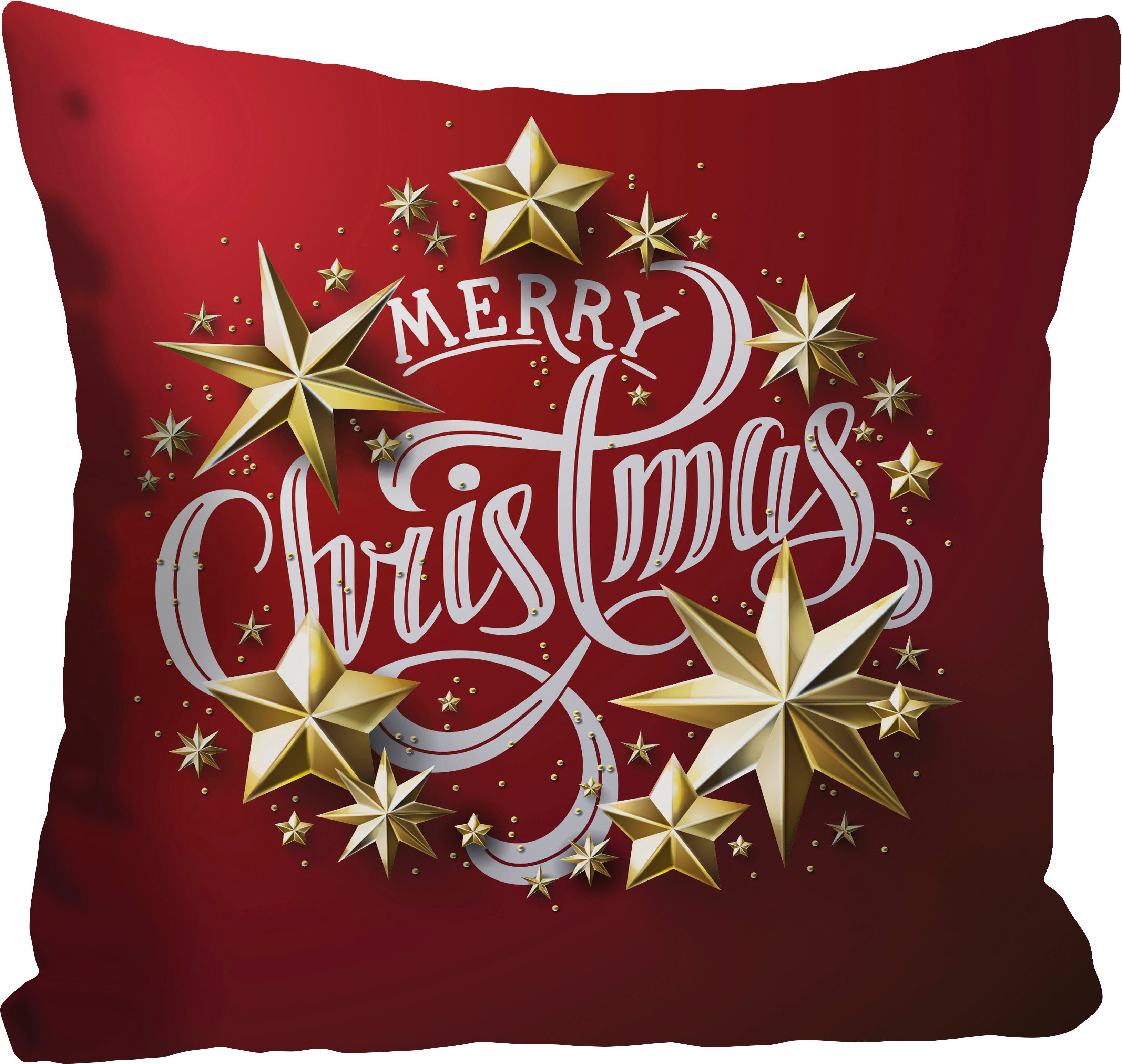 queence Dekokissen Stars, Kissenhülle,Merry Christmas,Rot,Weihnachten,Festlich,Spruch