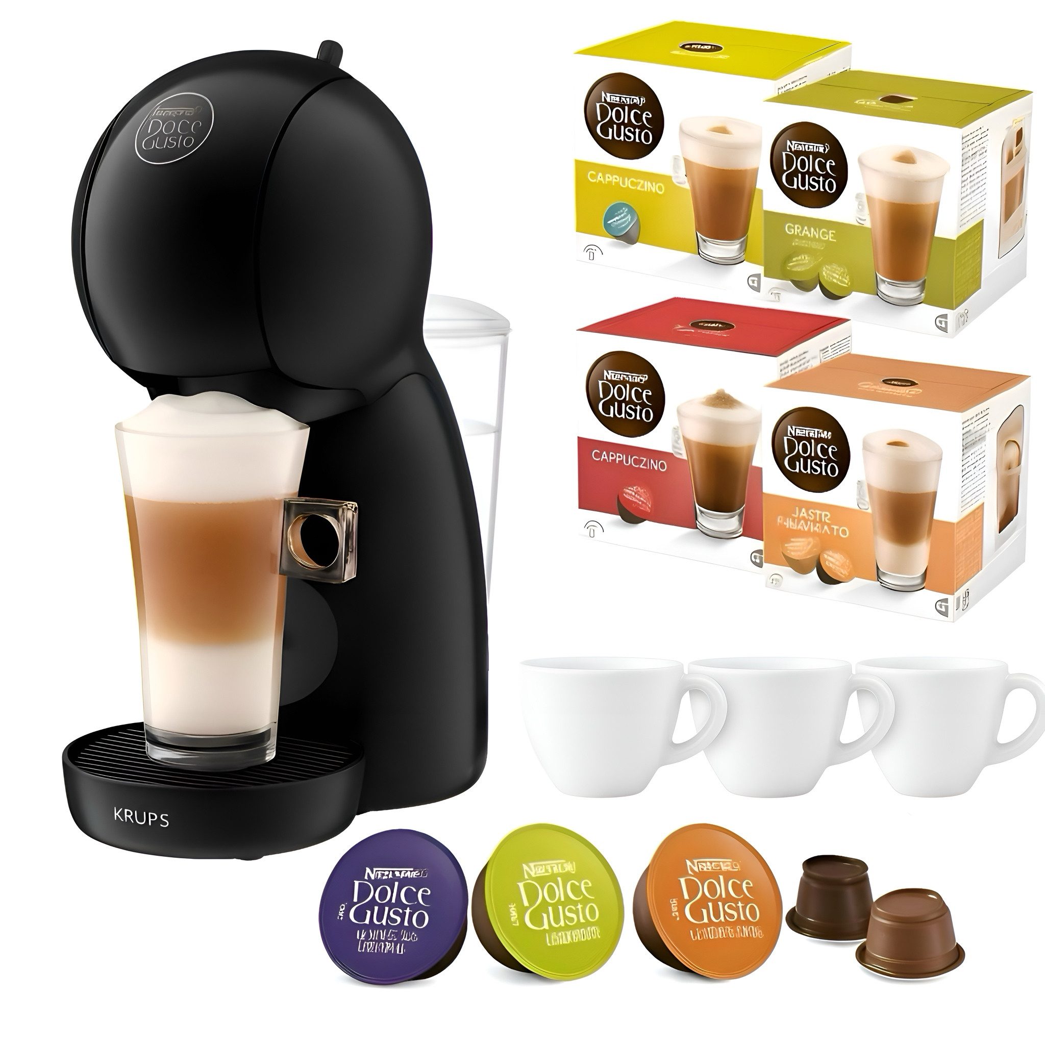 NESCAFÉ® Dolce Gusto® Kapselmaschine + 4 Mixbox Kapseln + 3 Espresso Gläser. NESCAFÉ Dolce Gusto maschine mit, integrierte Abschaltautomatik Energiesparmodus, Geeignet für heiße und kalte Getränke Schwarz