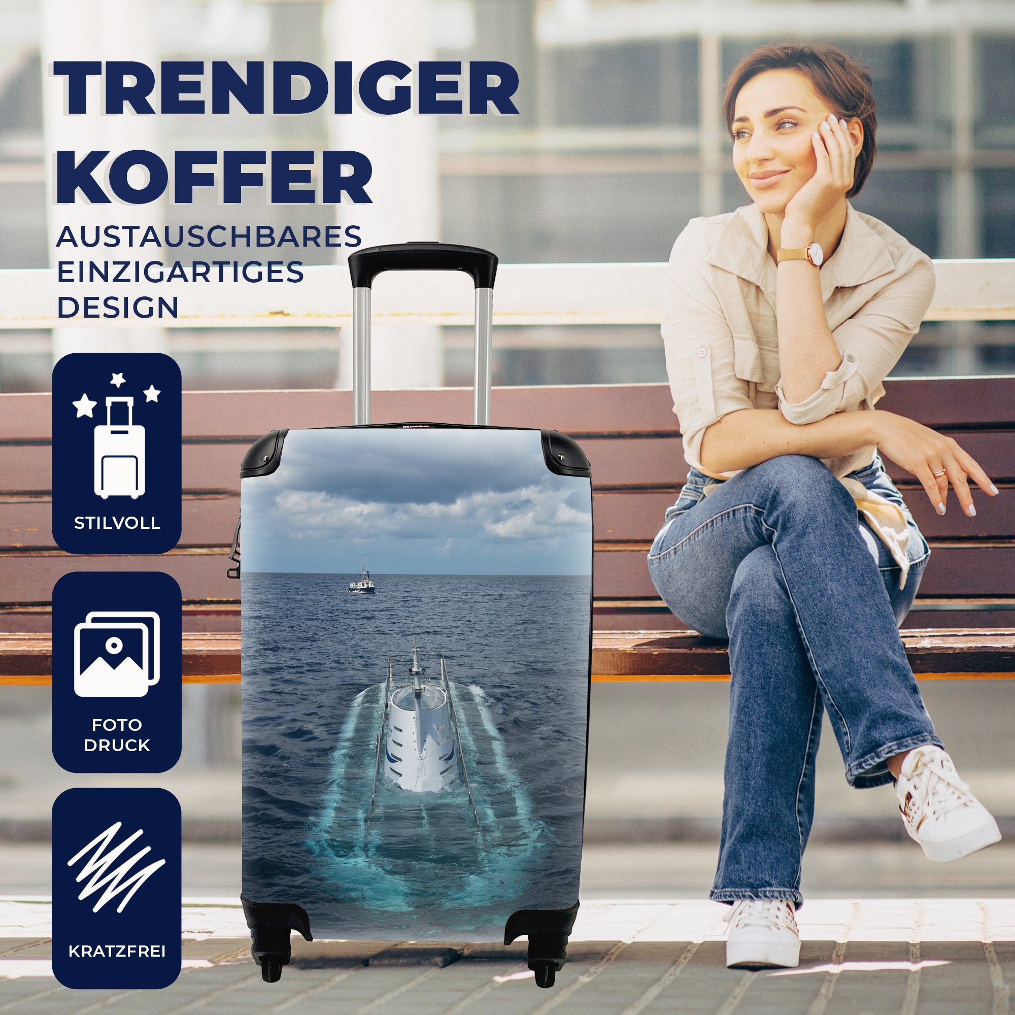 4 MuchoWow Ferien, Handgepäckkoffer Ein Reisetasche Rollen, Ozean, Handgepäck Reisekoffer tauchendes für Trolley, U-Boot im rollen, mit