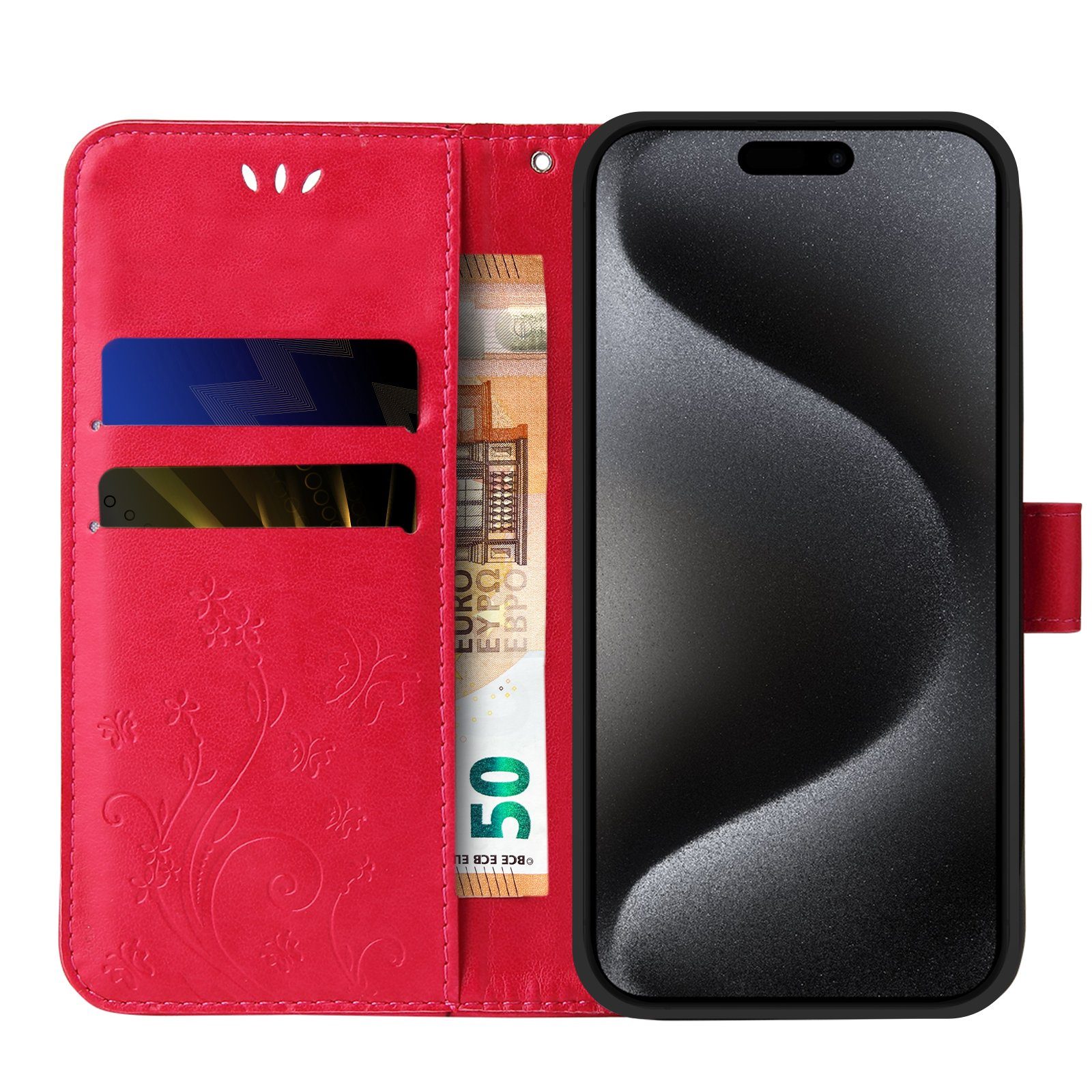Tec-Expert Handyhülle Cover Tasche Hülle für Apple iPhone 15 Pro Max 6,7 Zoll, Klapphülle Case mit Kartenfach Fliphülle aufstellbar, Motiv Blumen