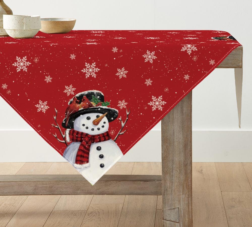 FOUORTUNATE-BEE Tischdecke Weihnachtliche Tischdecke Rot mit Schneemann & Schneeflocken, Winter-Tischwäsche 85×85 cm für Küche & Festliche …