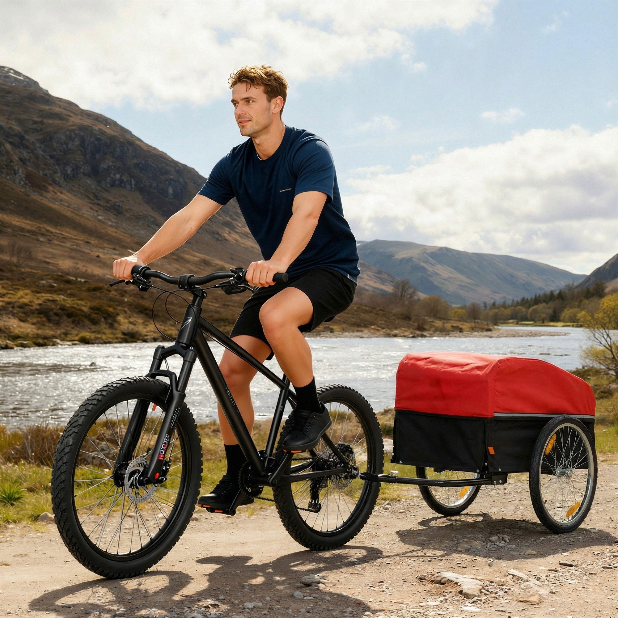 SPORTNOW Fahrradlastenanhänger mit Kupplung Abdeckplane, 51 cm Schnellspannend Luftreifen, Schwarz+Rot