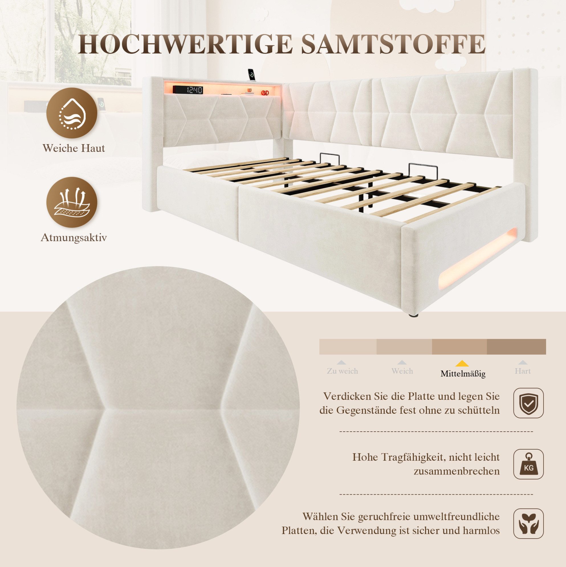 REDOM Schlafsofa Stauraumbett, Polsterbett mit LED-Beleuchtung, mit Unterbettkasten mit Hydraulikfunktion, USB & Type-C 90x200 cm, ohne Matratze