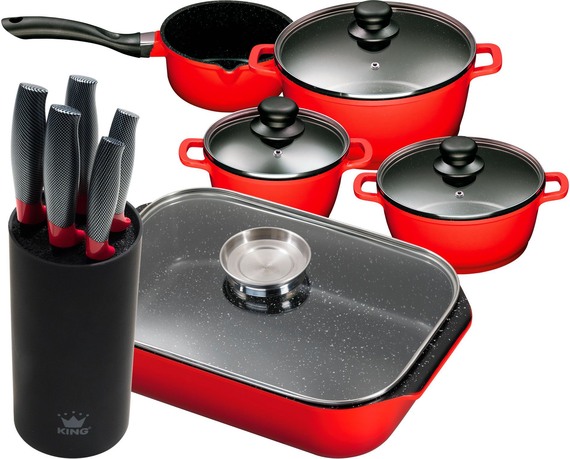 KING Topf-Set, Aluminiumguss (Set, 11-tlg., 4 Кастрюли, 3 Deckel, Bräter, 1 Messerblock, 5 Kochmesser), Induktion