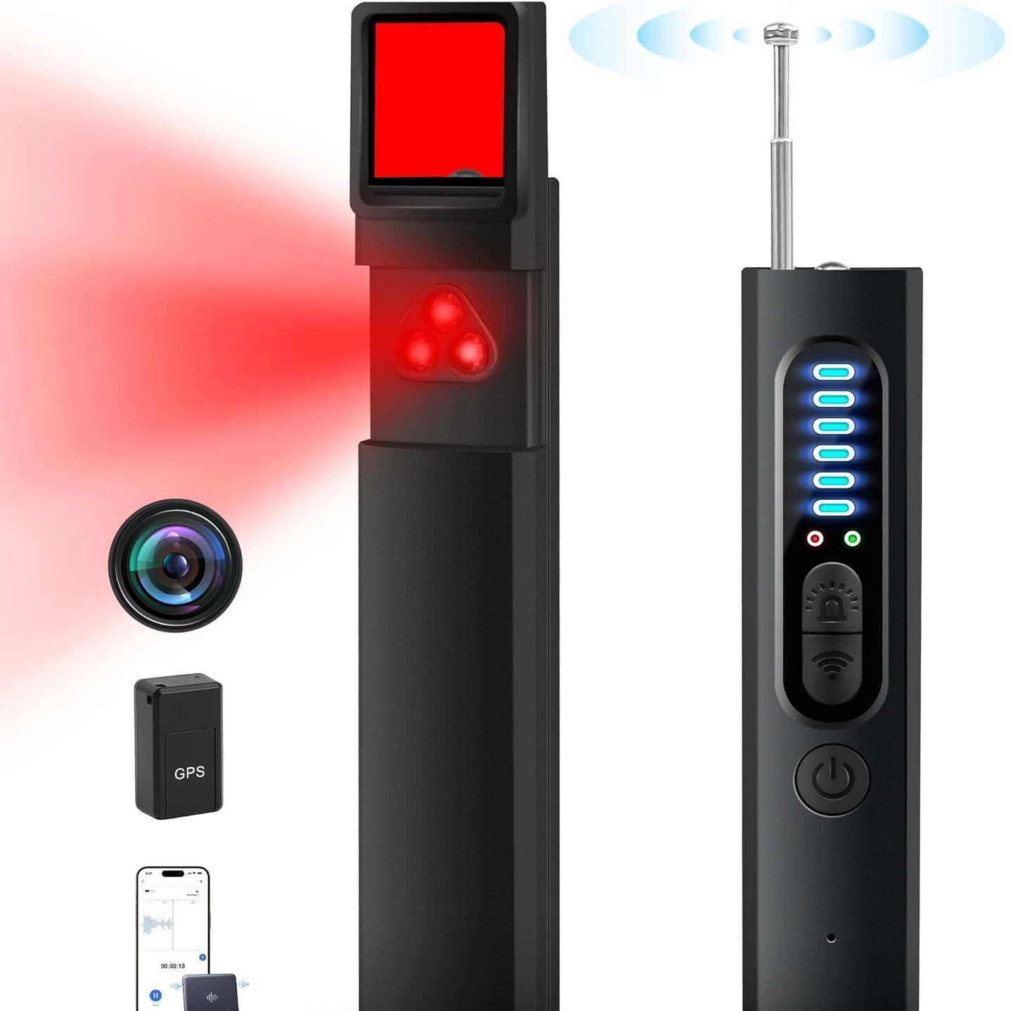 PRIISF Überwachungskamera GPS-Tracker Wanzenfinder Detektor RF GSM Versteckte Anti Kamera Finder (1MHz-6500MHz Wanzen Detektor RF Wireless Finder, Wireless - Versteckte Kameradetektoren Anti-Spionage, Abhörgerätedetektor 5 Stufen Empfindlichkeit, für Hotel Heim Büro Reisen Hidden Camera Sicherheit Detector)