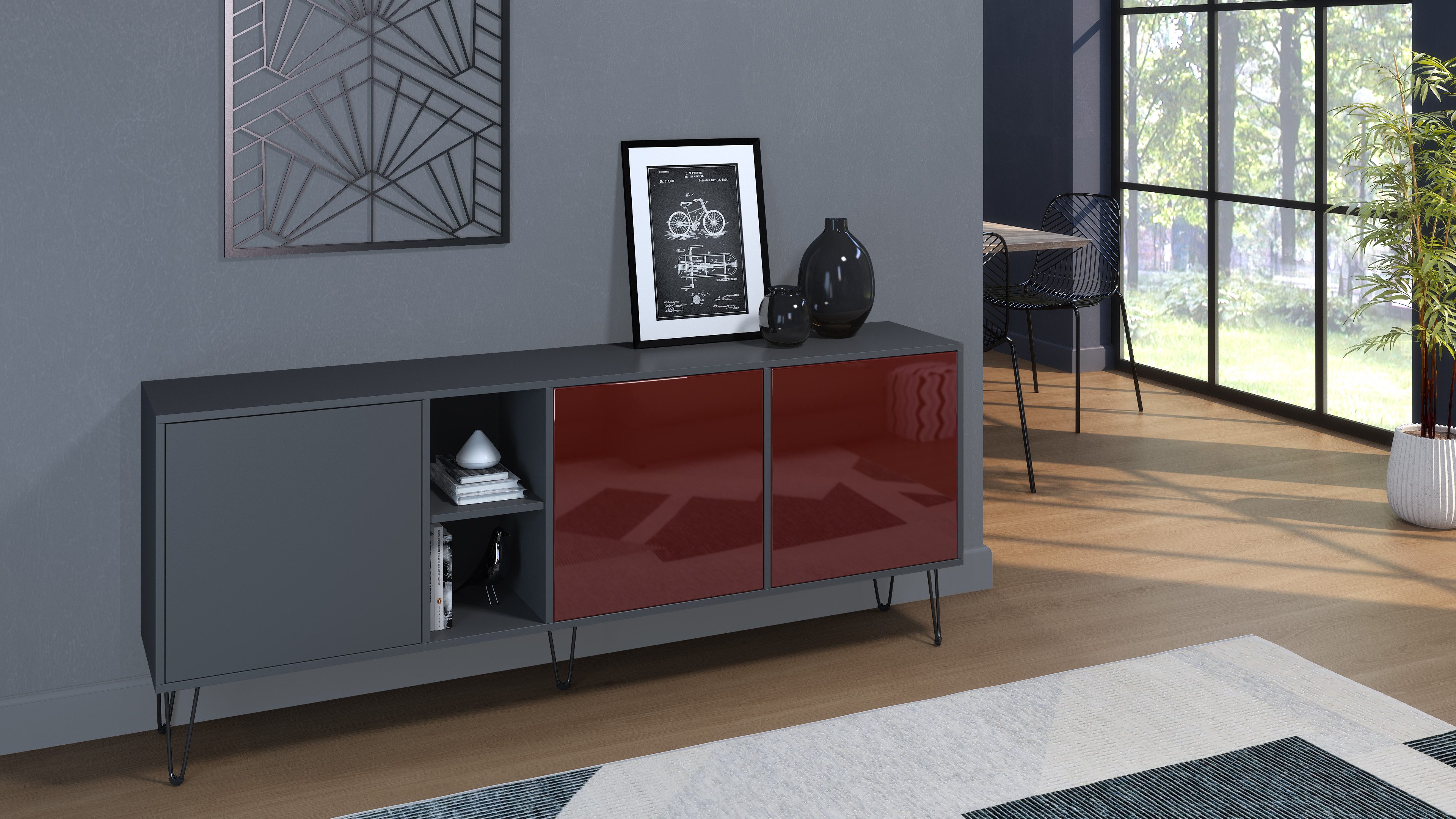 Vladon Sideboard Havana (TV-Schrank mit 3 Türen und 2 offene Fächer, Kommode Made in Germany), Anthrazit matt / Bordeaux Hochglanz (181,5 x 73 x 35 cm)