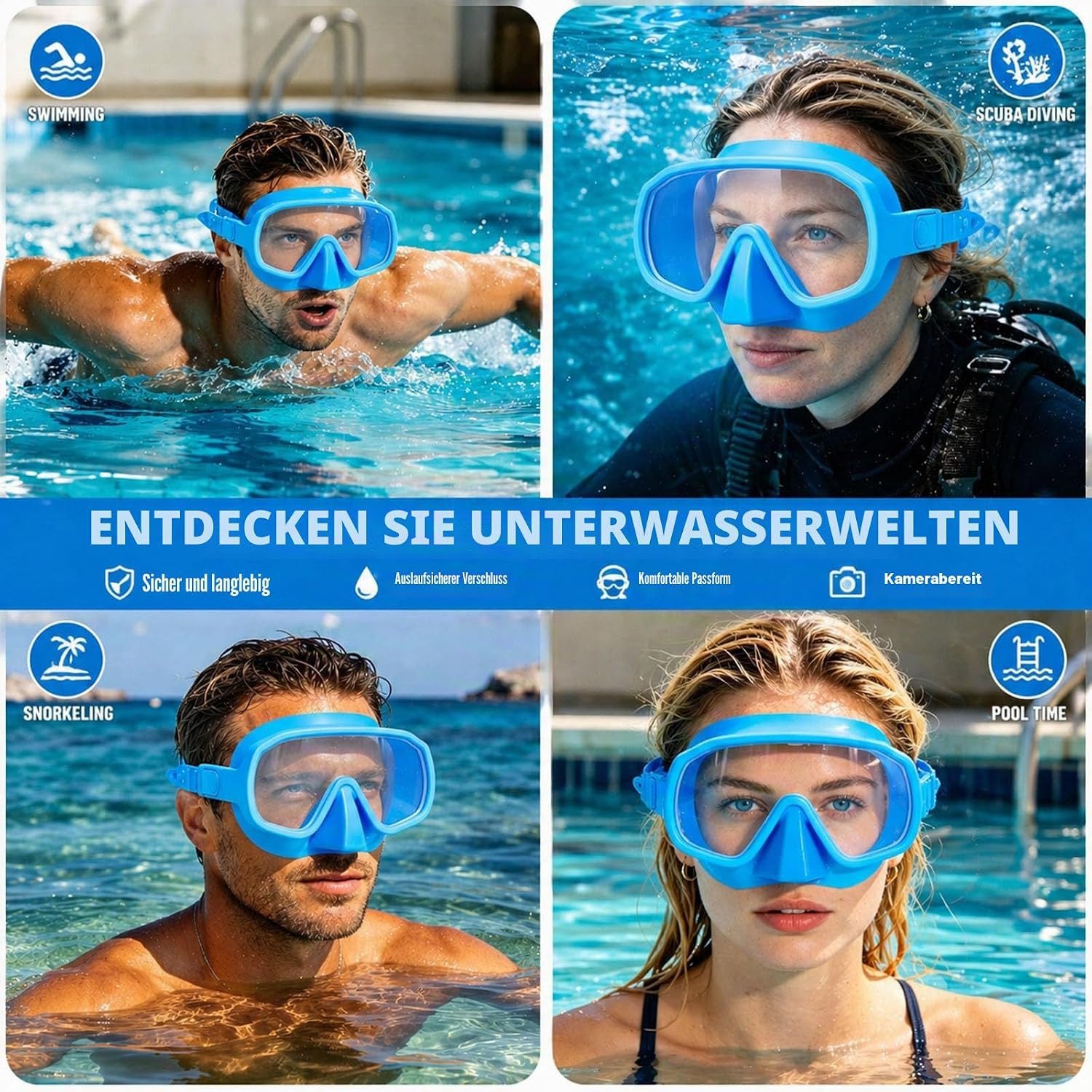 LaCute Tauchermaske Schnorchelset Erwachsene Tauchmaske Hartglas Panoramasicht Faltbarer, (3-teiliges Schnorchelset Erwachsene mit Panorama-Maske, 3-teiliges Set mit Maske, Schnorchel und Transporttasche), Panoramasicht, Anti-Beschlag, Hartglas, faltbarer Schnorchel