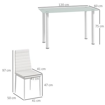 HOMCOM Essgruppe Esstisch mit 4 Stühlen, Küchentisch mit Hartglasplatte, (Esszimmermöbel, 5-tlg., Esstisch Set), für Küche, Esszimmer, Stahl, Weiß
