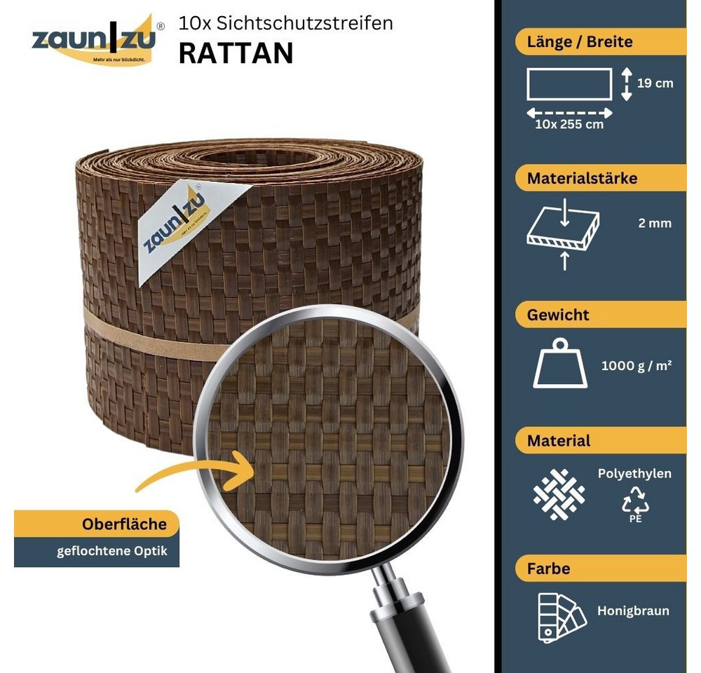 Thumbnail - zaunzu Sichtschutzstreifen Rattan für Doppelstabmatten UV-beständig Honigbraun 10x 2,55m, (10x Einzelstreifen, Rattan-Op...