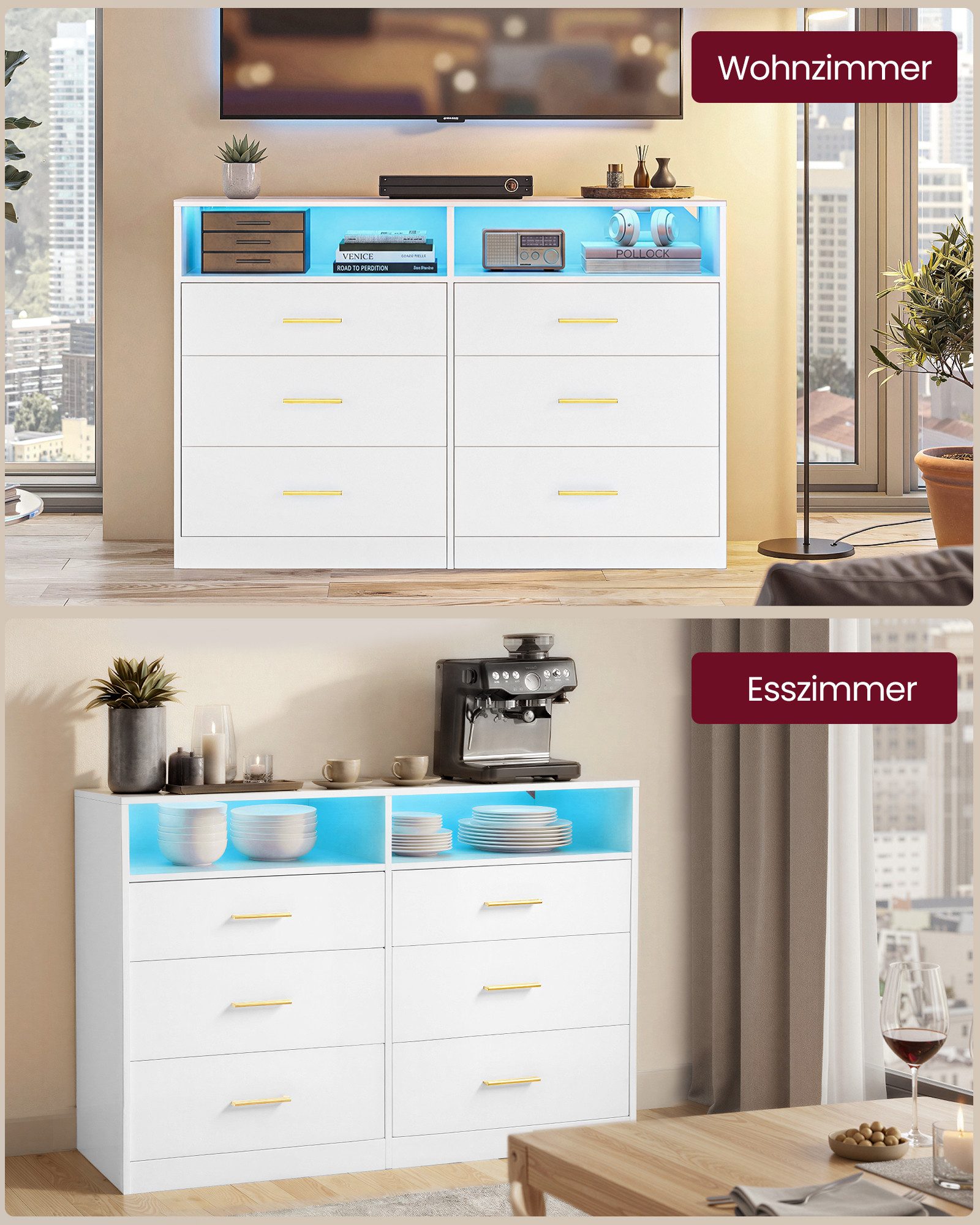 VASAGLE Kommode Kommodenschrank mit LED-Beleuchtung und Steckdosenleiste, 6 Schubladen, 40 x 119 x 81,2 cm, Wohnzimmer, Schlafzimmer, modern – Bild 5 von 5