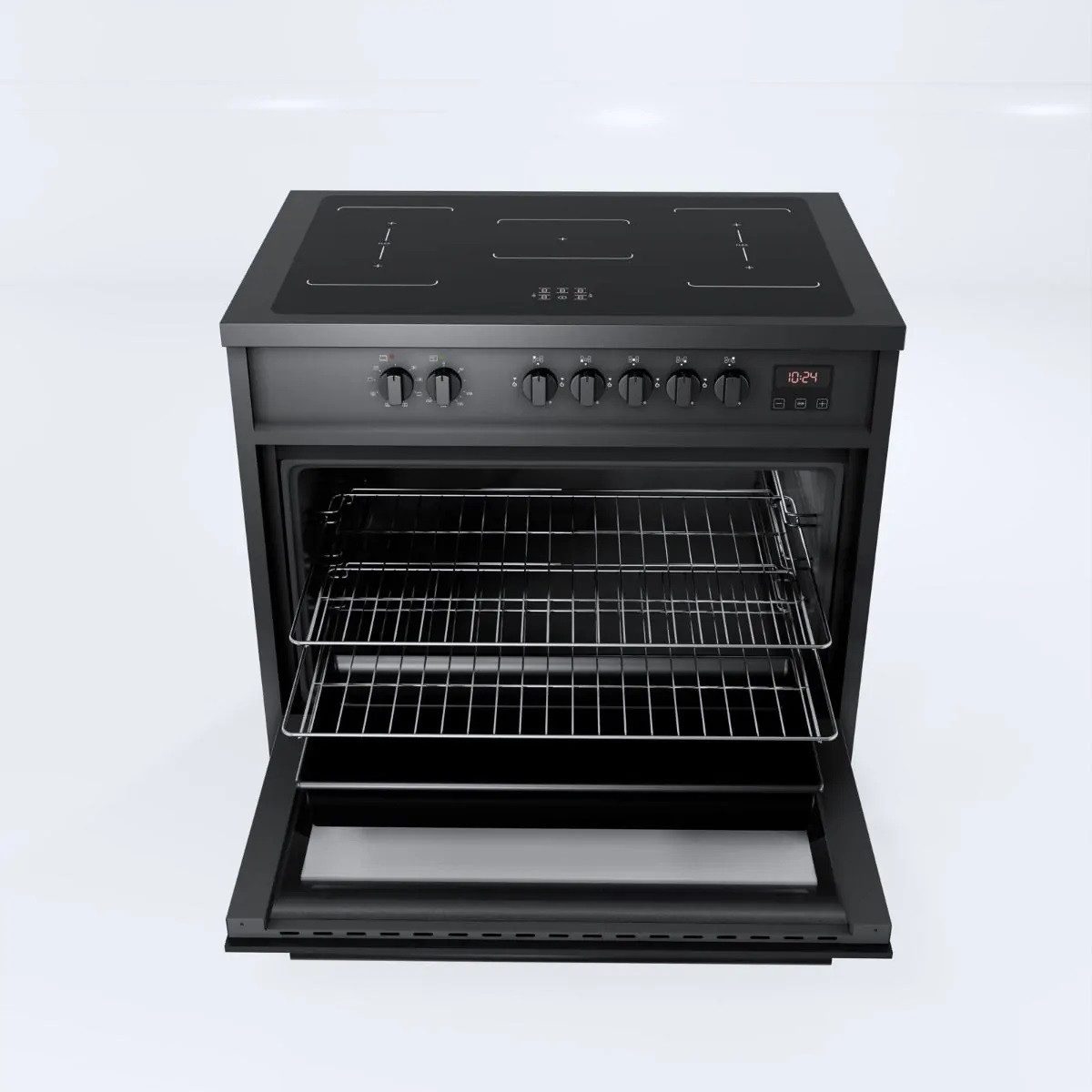 GURARI Induktions-Standherd Induktionsherd 90 cm Standherd Schwarz, 5 Kochzonen, XXL Backofen 121L, Range Cooker,FLEX Zonen E 913 BL, mit 1-fach-Teleskopauszug