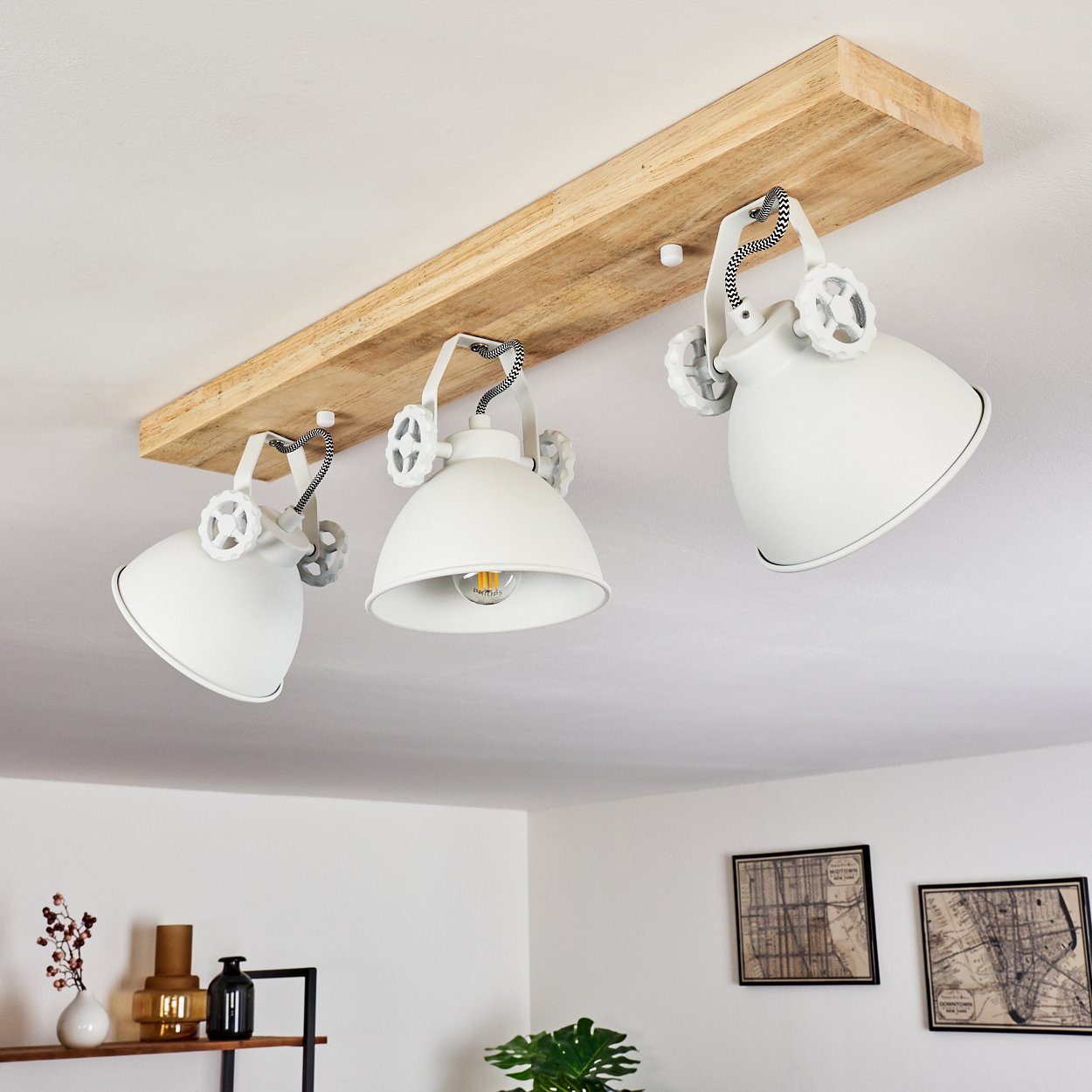 Leuchtmittel, in Weiß/Natur, Metall/Holz aus »Mot« hofstein Deckenleuchte mit 3xE14, Retro/Vinatge Deckenlampe Strahlern, Design ohne verstellbaren