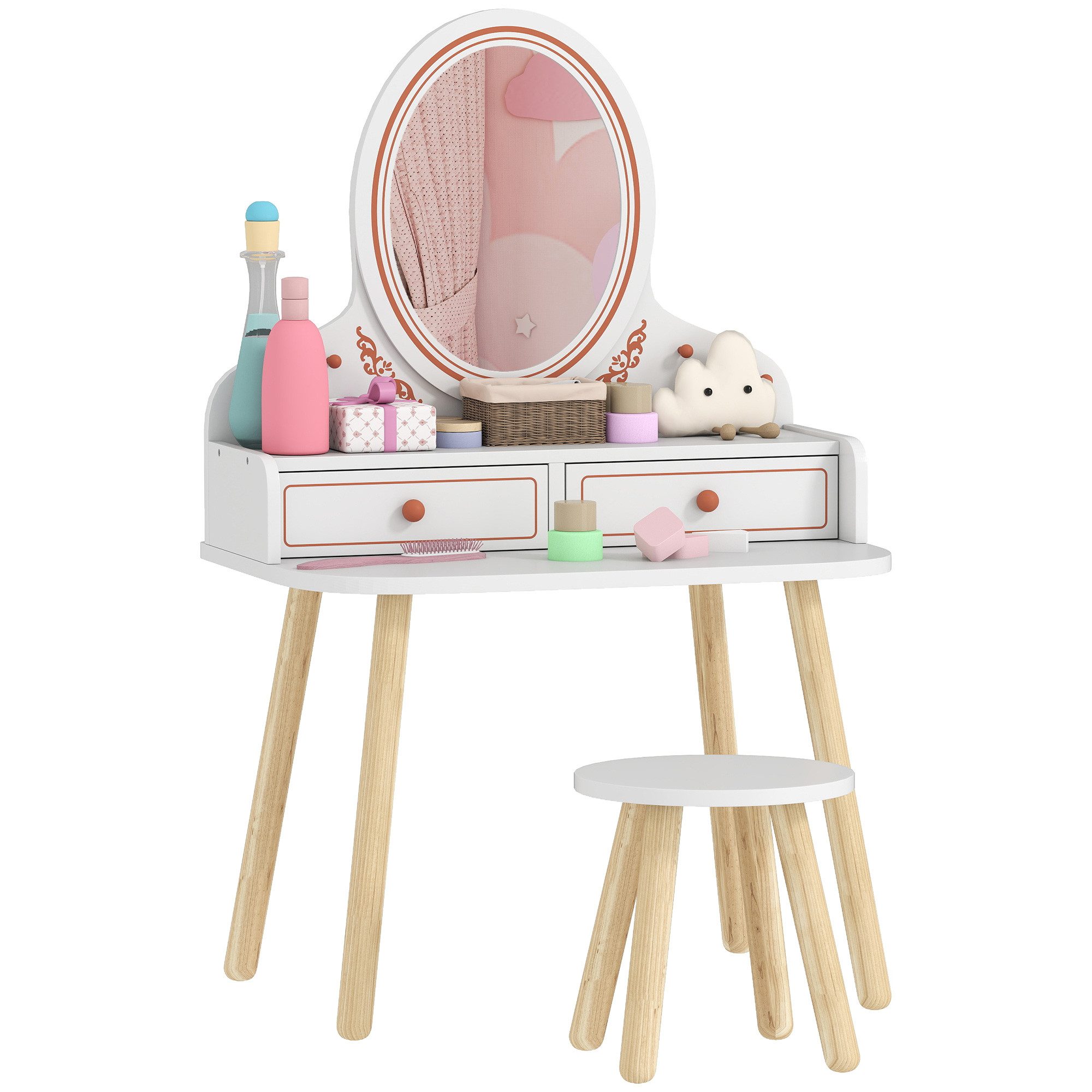 AIYAPLAY Schminktisch Kinderschminktisch mit Spiegel Schubladen Kleiderstangen (Frisiertisch mit Hocker, 2-St., Make-up Tisch), für Mädchen 3-8 Jahre Weiß