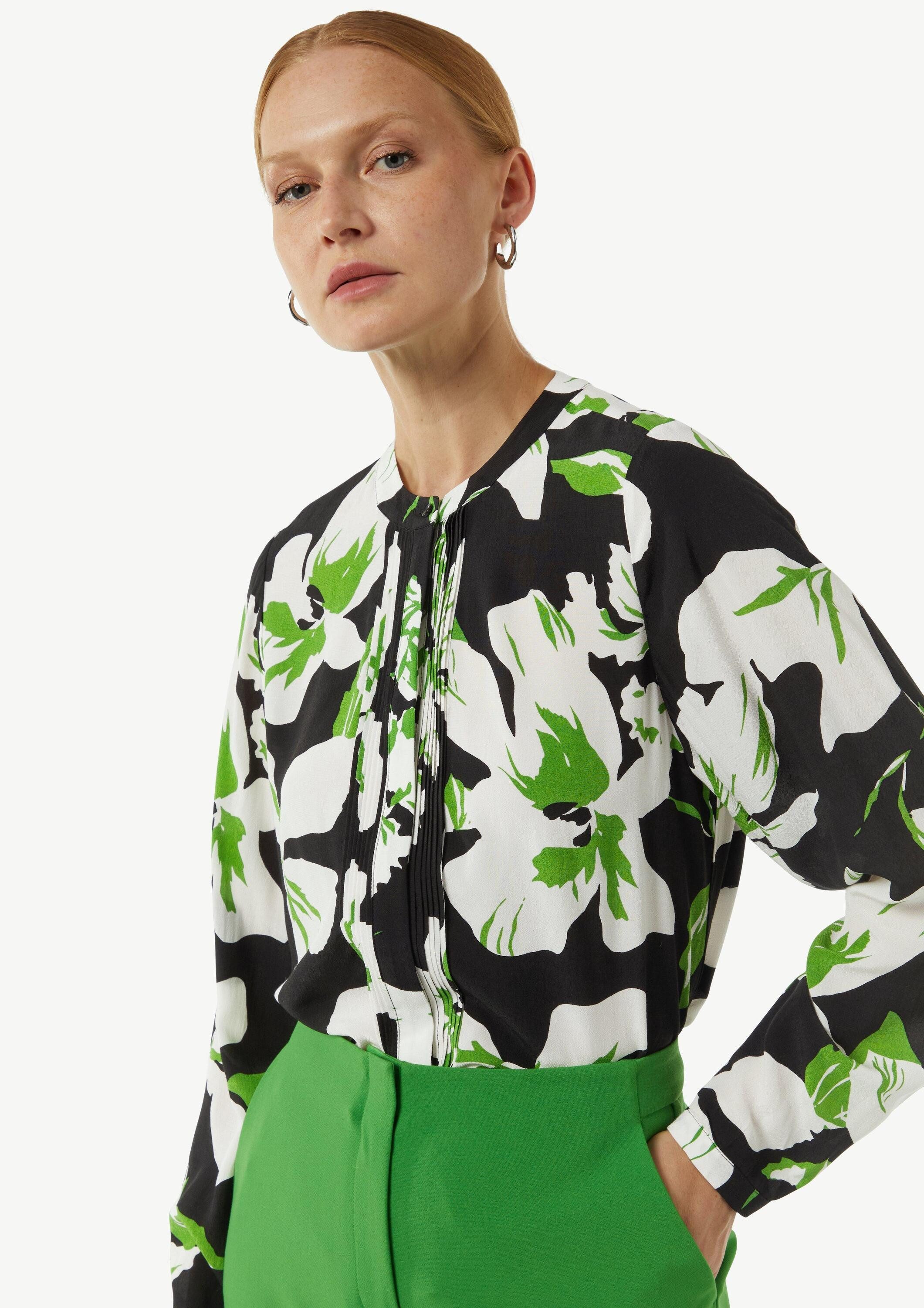 comma Langarmbluse Bluse Gemusterte Bluse mit verdeckter Knopfleiste und Biesen