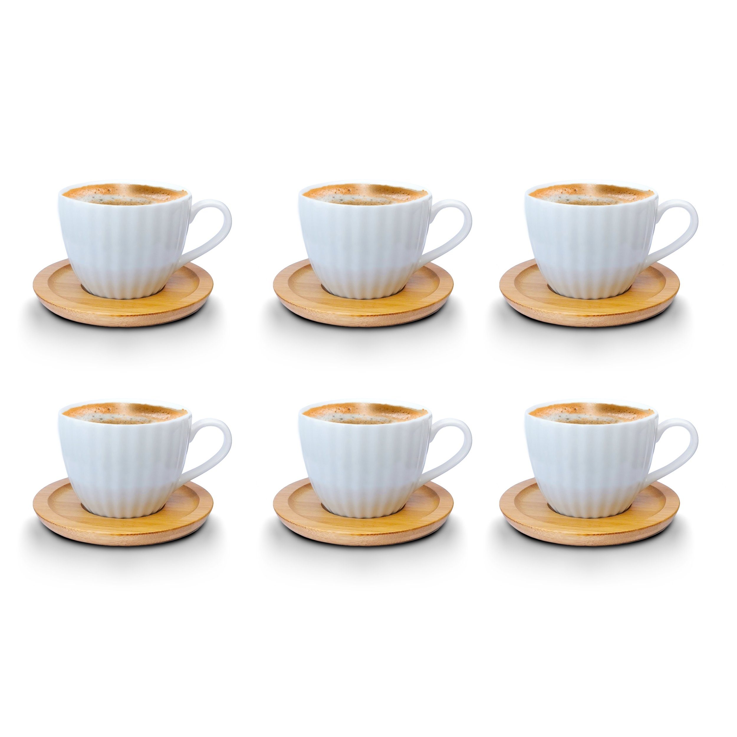 Fiora Kaffeeservice Kaffeetassen Espressotassen Cappuccinotassen mit untersetzer Porzellan 6 Чашки + 6 Untersetzer Holz Optik Weisse Kaffeetassen Set (12-tlg), 6 Personen, Porzellan, Kaffeeservice 12 Teilig für 6 Personen