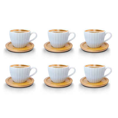 Fiora Kaffeeservice Kaffeetassen Espressotassen Cappuccinotassen mit untersetzer Porzellan 6 Tassen + 6 Untersetzer Holz Optik Weisse Kaffeetassen Set (12-tlg), 6 Personen, Porzellan, Kaffeeservice 12 Teilig für 6 Personen