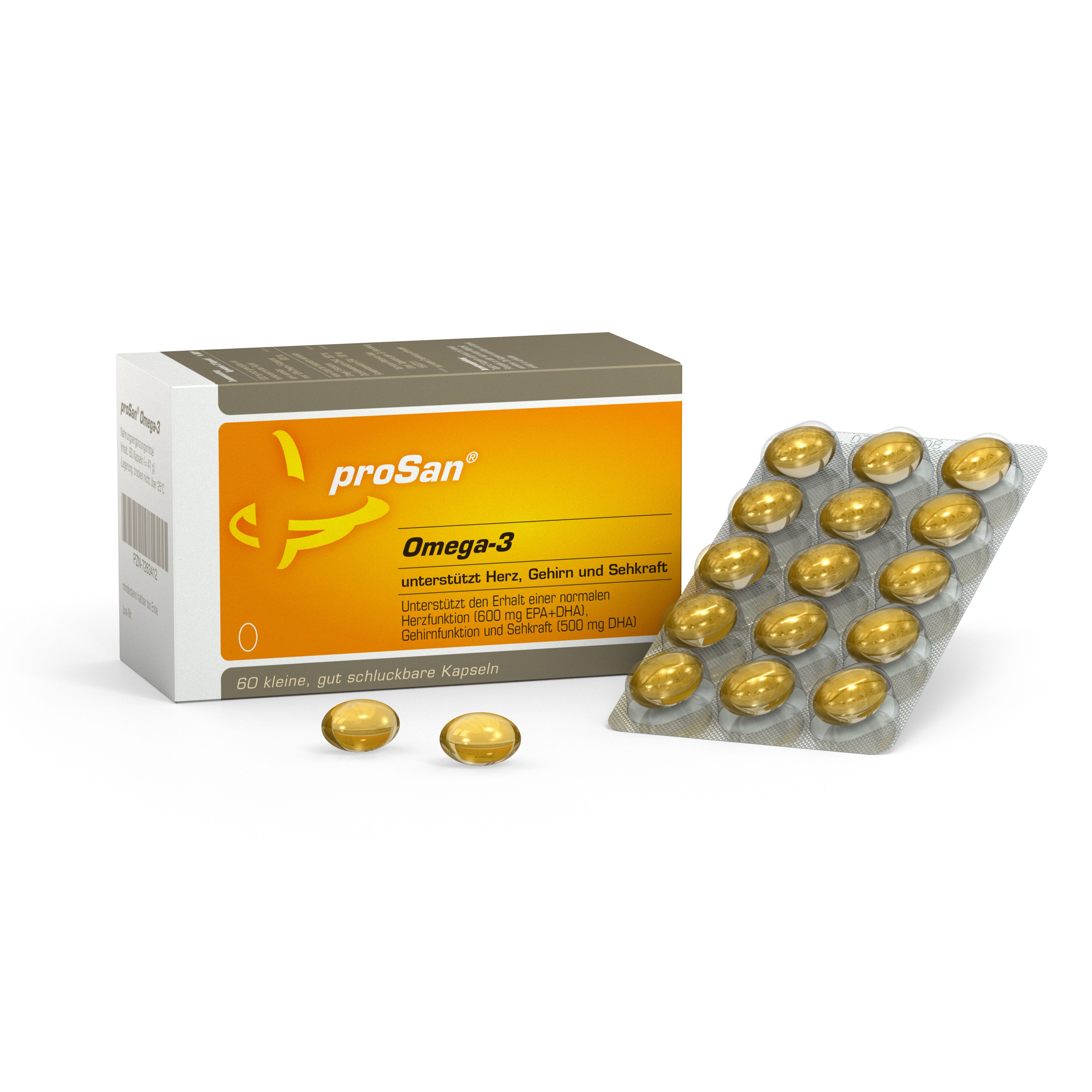 proSan Omega-3-Fettsäuren, natürliches Premium Fischöl mit 500 mg DHA, Kapseln, 60 St., 41 g