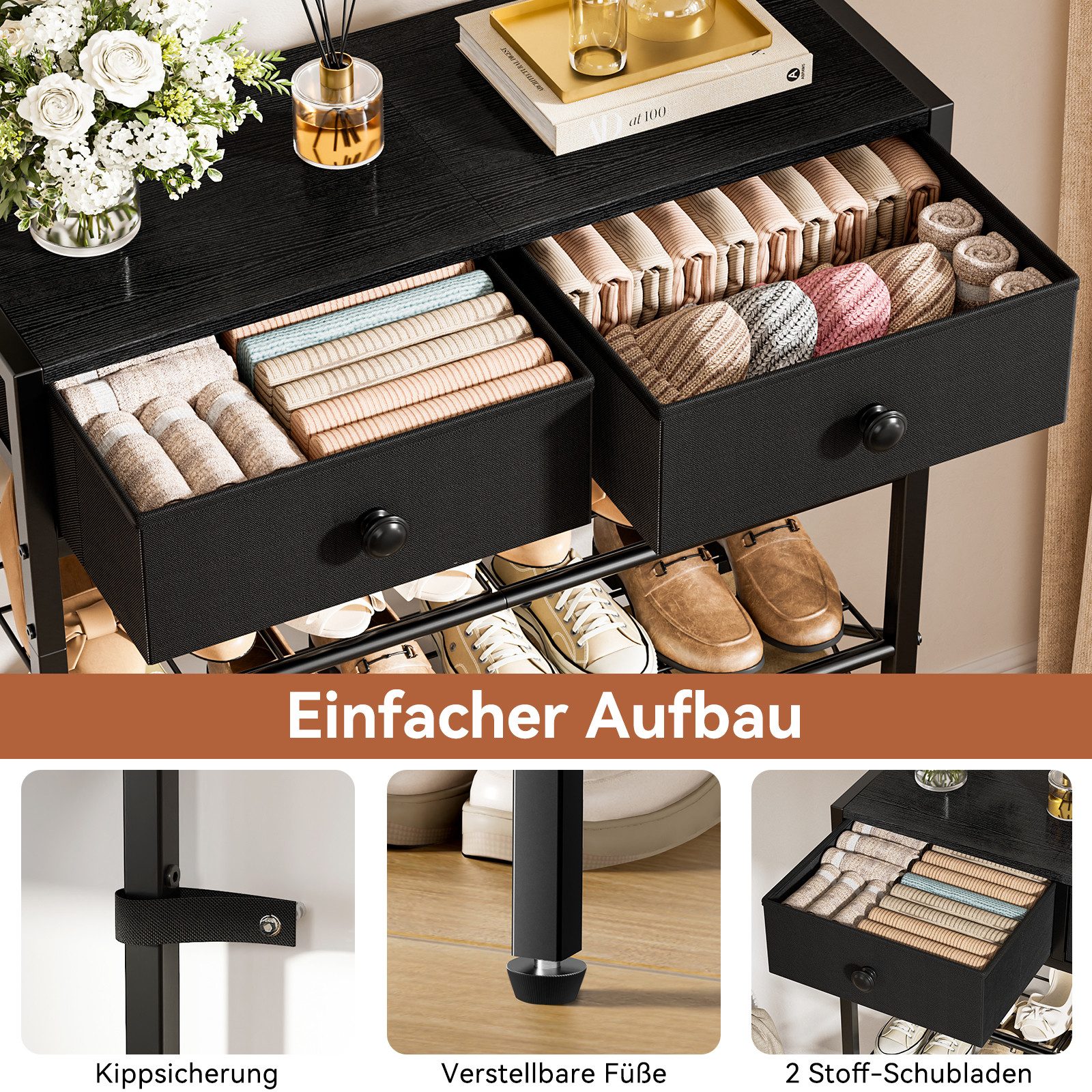 FABATO Schuhregal 5-stufiger Schuhorganizer mit 2 Vliesstoff-Schubladen & Holzplatte, 1-tlg., für Diele, Flur oder Kleiderschrank in Anthrazit – Bild 5 von 5