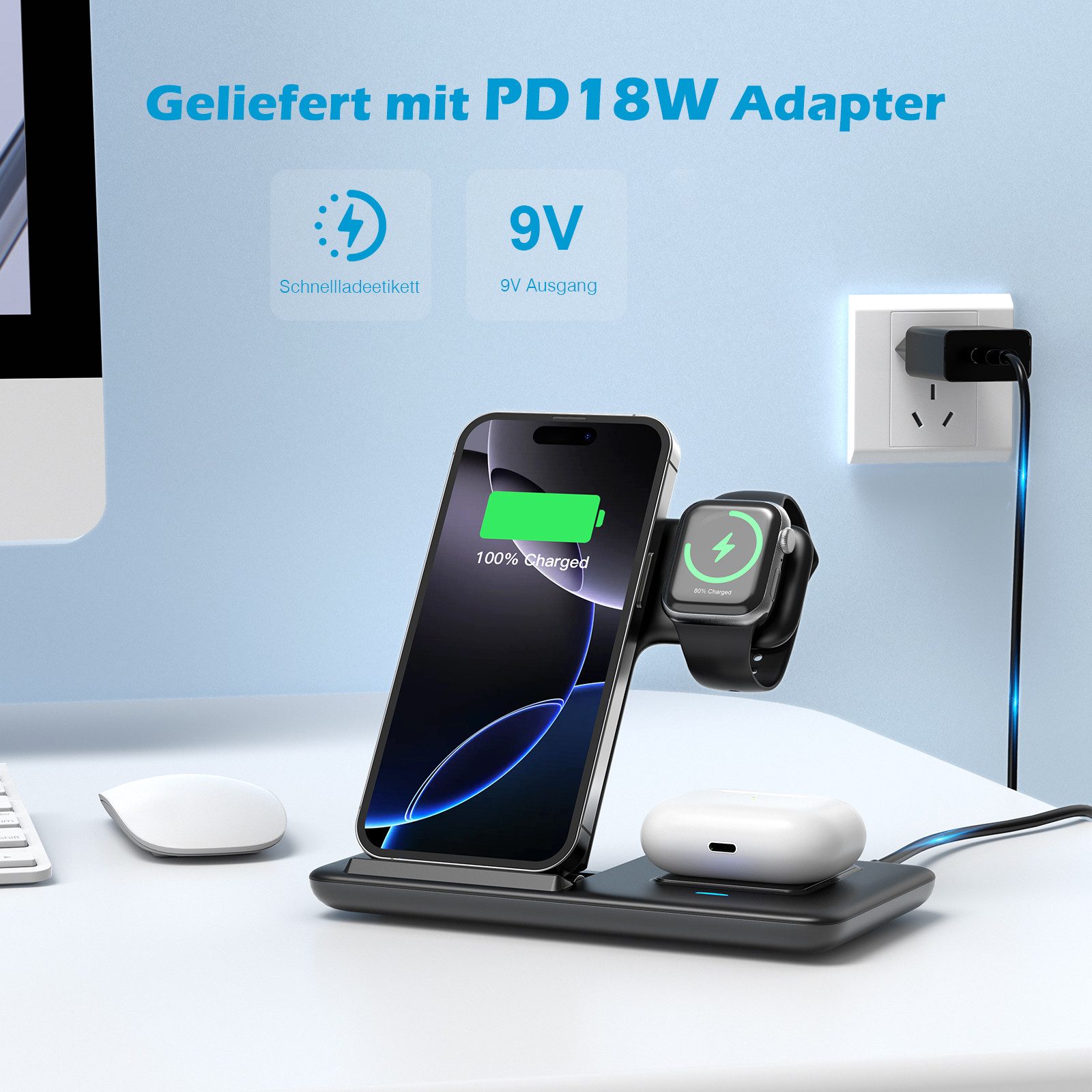 AeroAxis 3 in 1 Multifunktion Faltbarer Wireless Charger Induktions-Ladegerät Ladestation (Schnellladegerät, Kabelloses induktives Laden für Samsung, iOS, Watch)