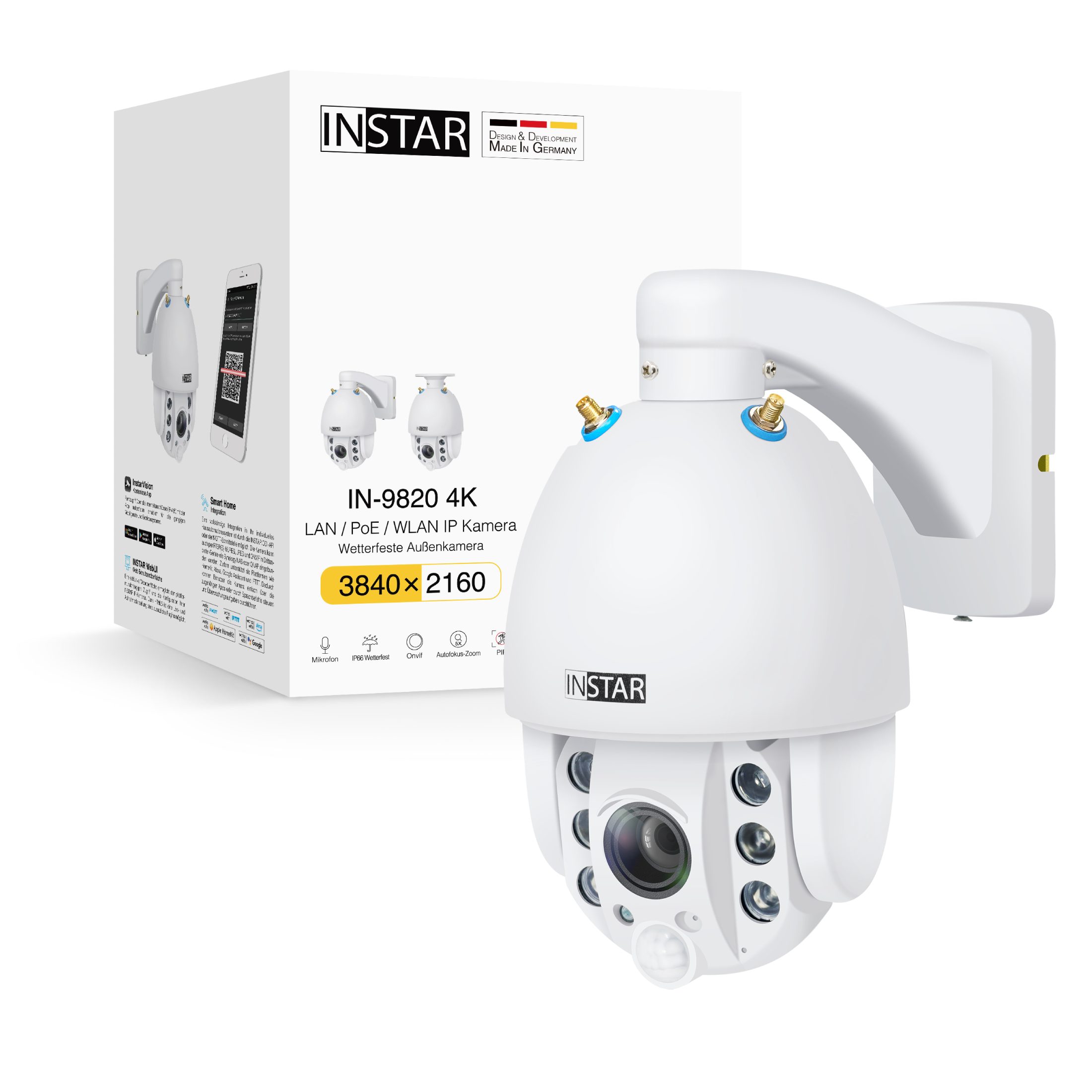 INSTAR Überwachungskamera IN-9820 4K (Außenbereich, Innenbereich, WLAN 2.4Ghz & 5Ghz, WPA3, PoE+ 802.3at, 5x Zoom, PTZ, Wetterfest)