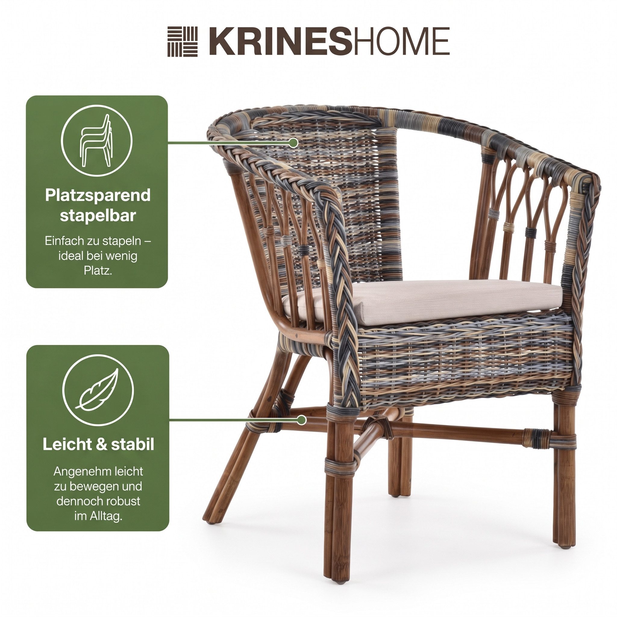 Krines Home Sessel Stapelbarer Rattansessel Bistro Sessel mit Armlehnen Flechtsessel (Sessel nach Auswahl ohne oder mit Polster), in Handarbeit geflochten – Bild 5 von 5