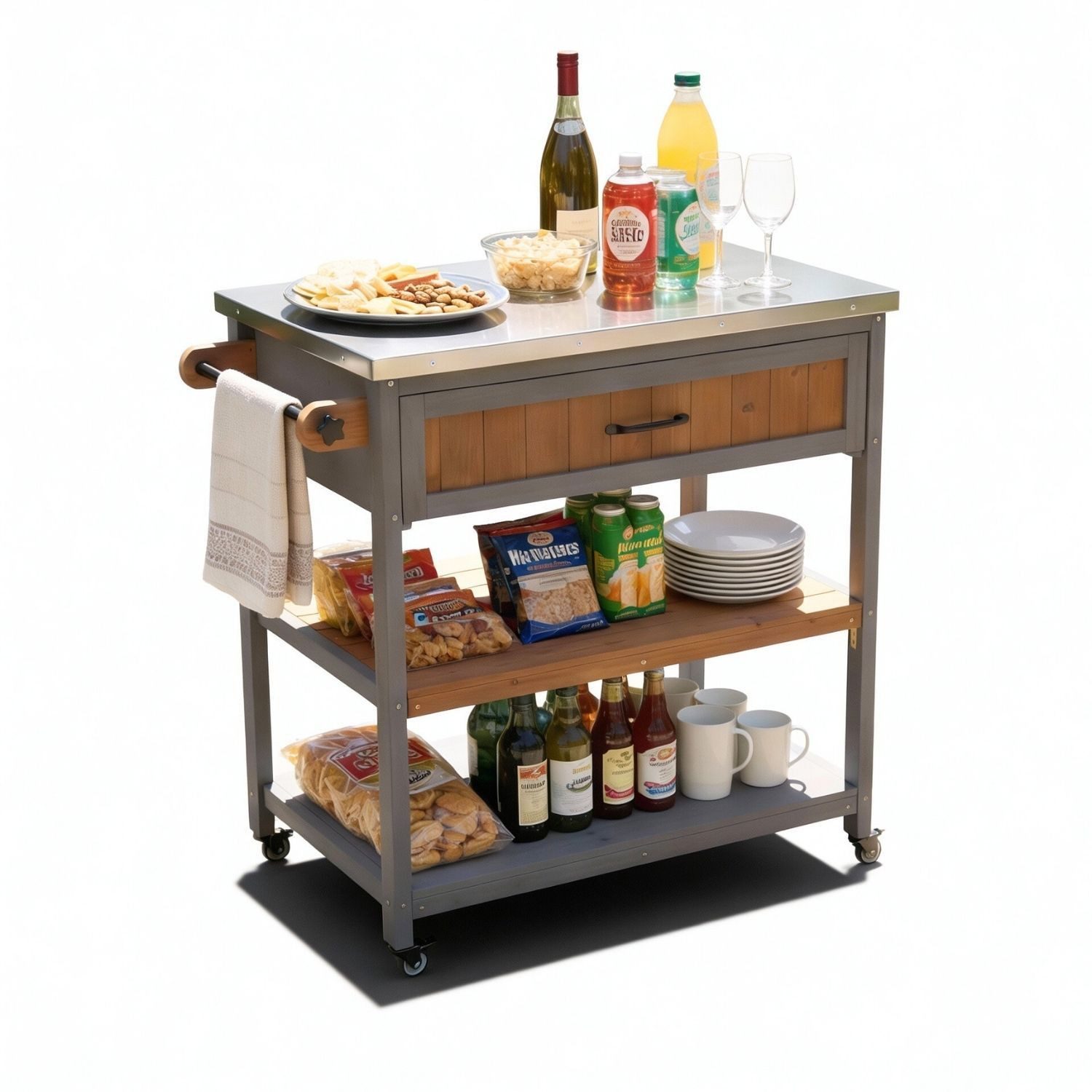 Coemo Gartentisch JAMES, großer Servierwagen mit Rollen, Holz Küchenwagen Outdoor Beistelltisch