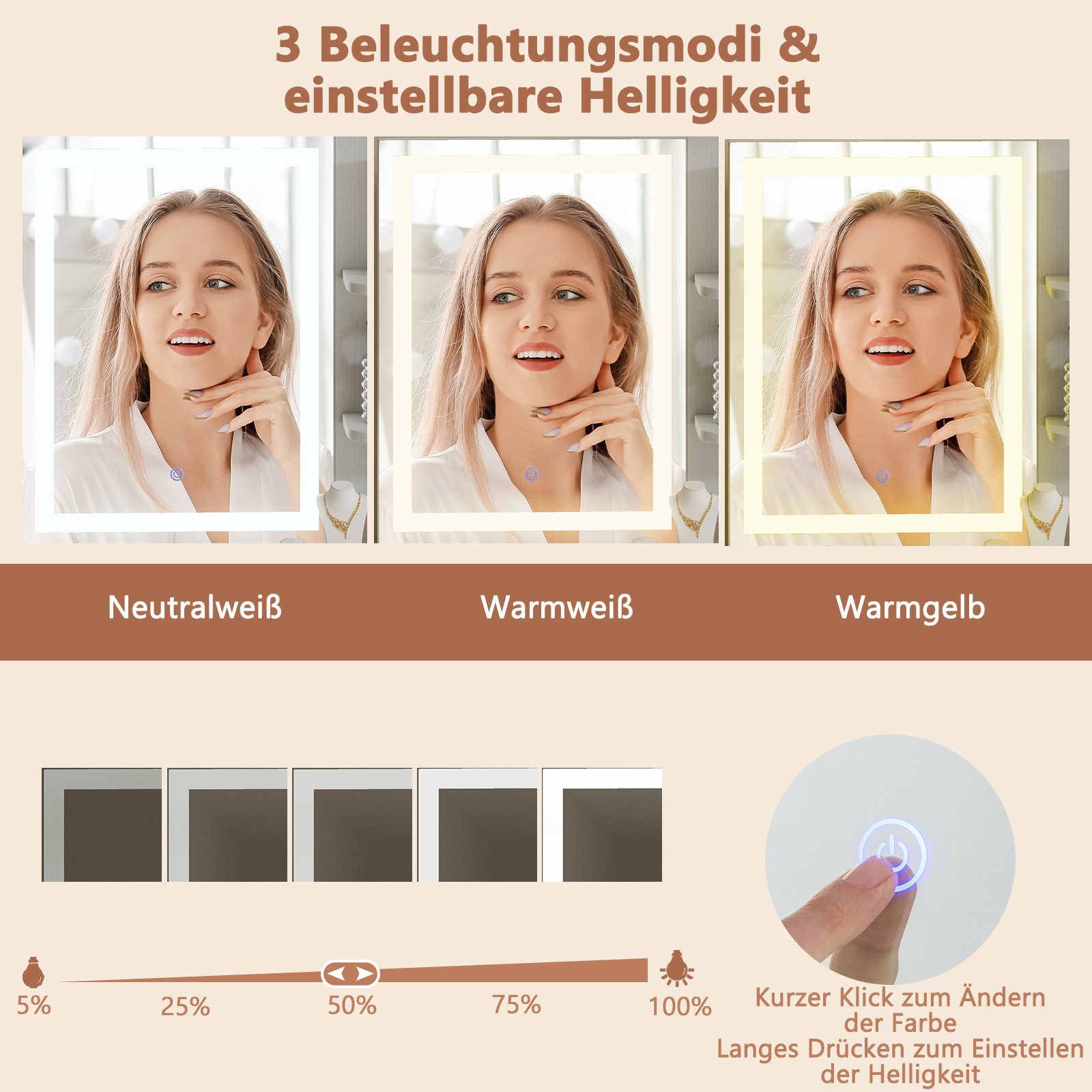 COSTWAY Schminktisch (1-St), Frisiertisch, mit Hocker, Steckdosen, LED Spiegel