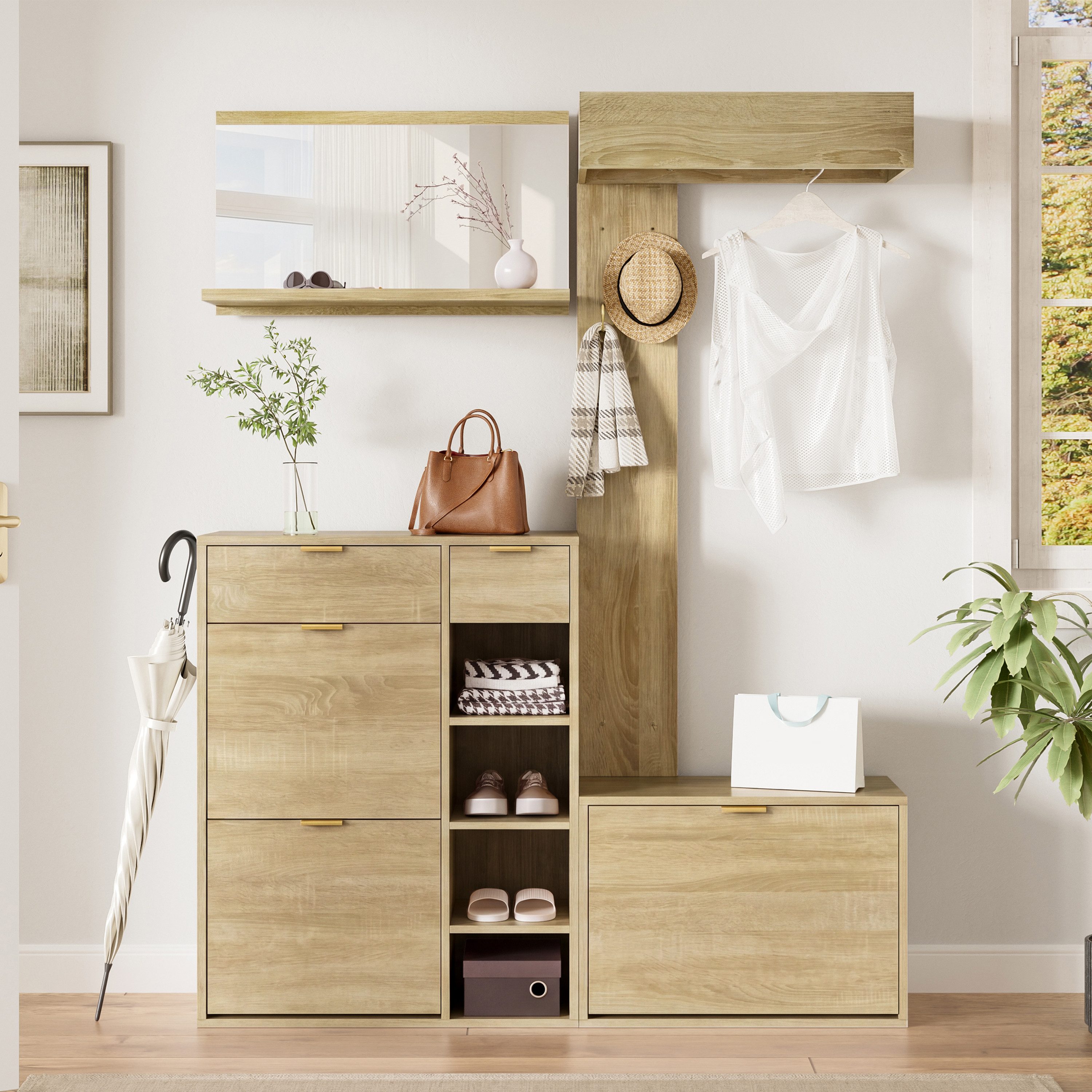Flieks Garderoben-Set Kompaktgarderobe Spiegel Schuhschrank Schuhbank Kleiderständer Haken, (130x30x174 cm, 4-St), 4-teilig Flurmöbel-Set Wandspiegel mit Ablagen Schuhkommode Natur
