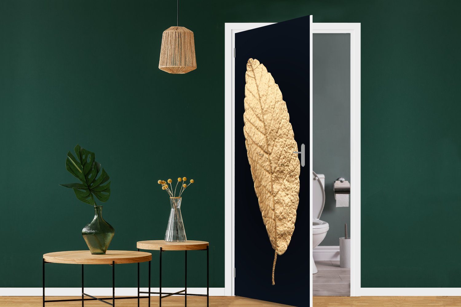 Schwarz und 75x205 - Tür, Türaufkleber, Fototapete St), MuchoWow cm - Luxus, Blätter - Gold für - Pflanzen Schwarz Matt, (1 bedruckt, Türtapete