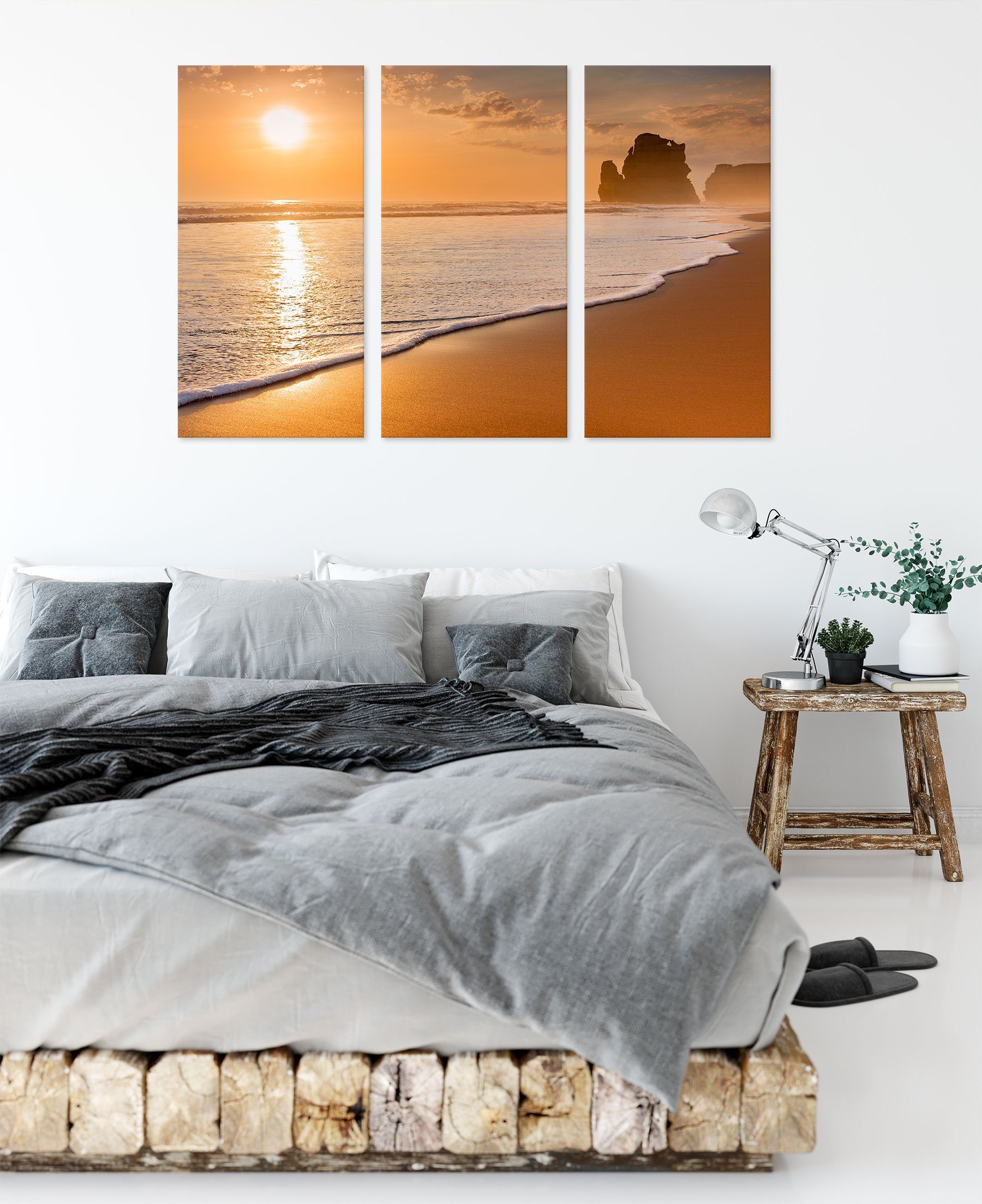 Pixxprint Leinwandbild (1 Sonnenuntergang Ozean bespannt, St), Sonnenuntergang Leinwandbild (120x80cm) Zackenaufhänger inkl. fertig 3Teiler Ozean