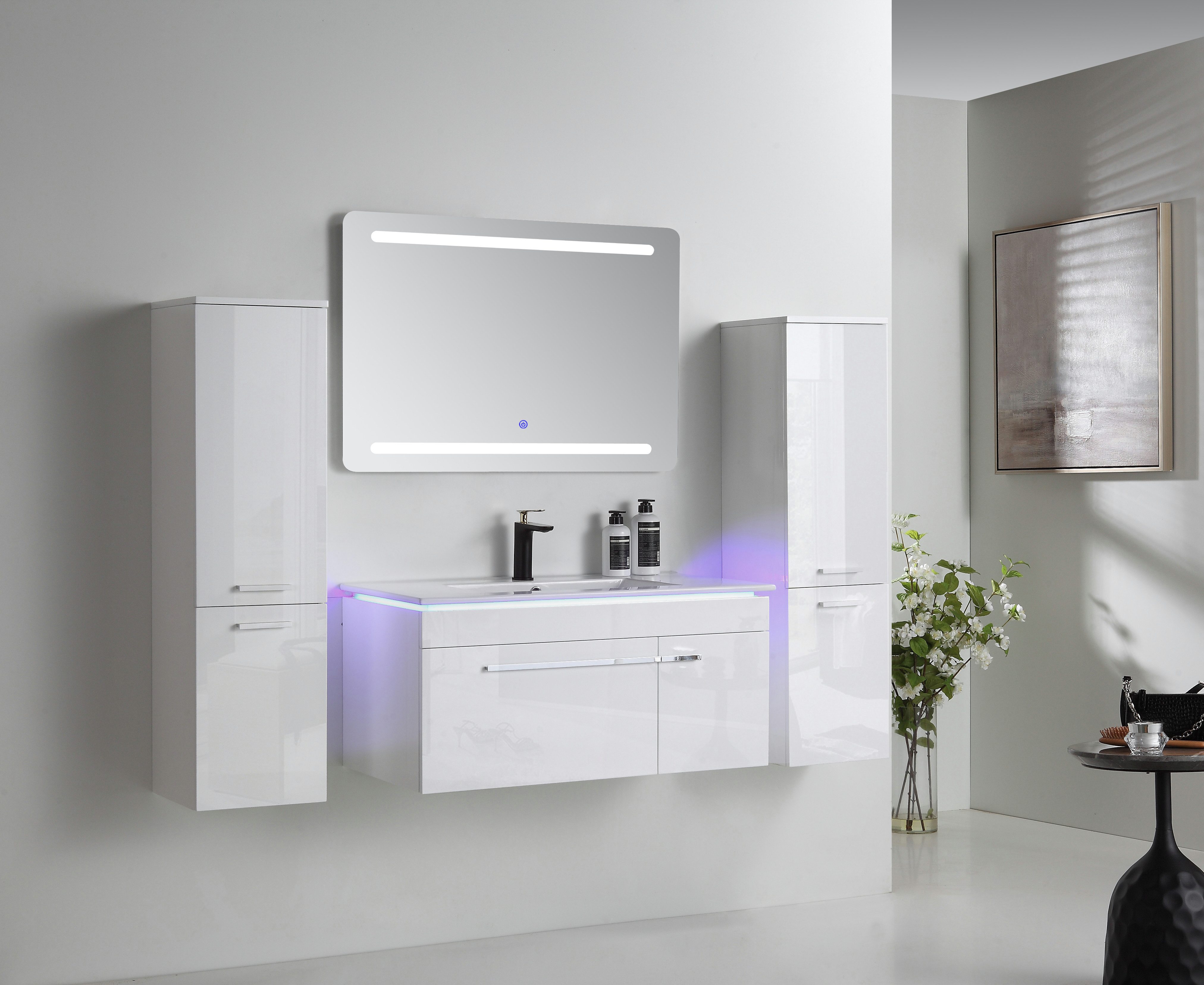 Faizee Möbel Badmöbel-Set Badmöbel-Set Badmöbel- Set Schwarz/Weiß/Königsblau Keramik/Granit, (Komplett-Set, 5-St), badmöbel set 120cm komplett Set LED-Spiegel mit Touch-Funktion
