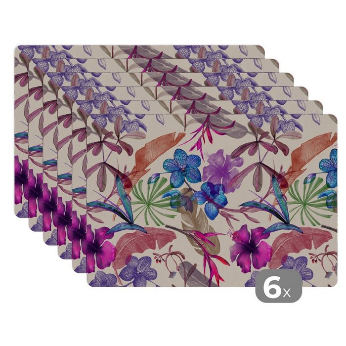 Platzset Blumen - Regenbogen - Dschungel - Muster - Vintage MuchoWow (6-St) Platzset Platzdecken Platzmatte Tischmatten Schmutzabweisend