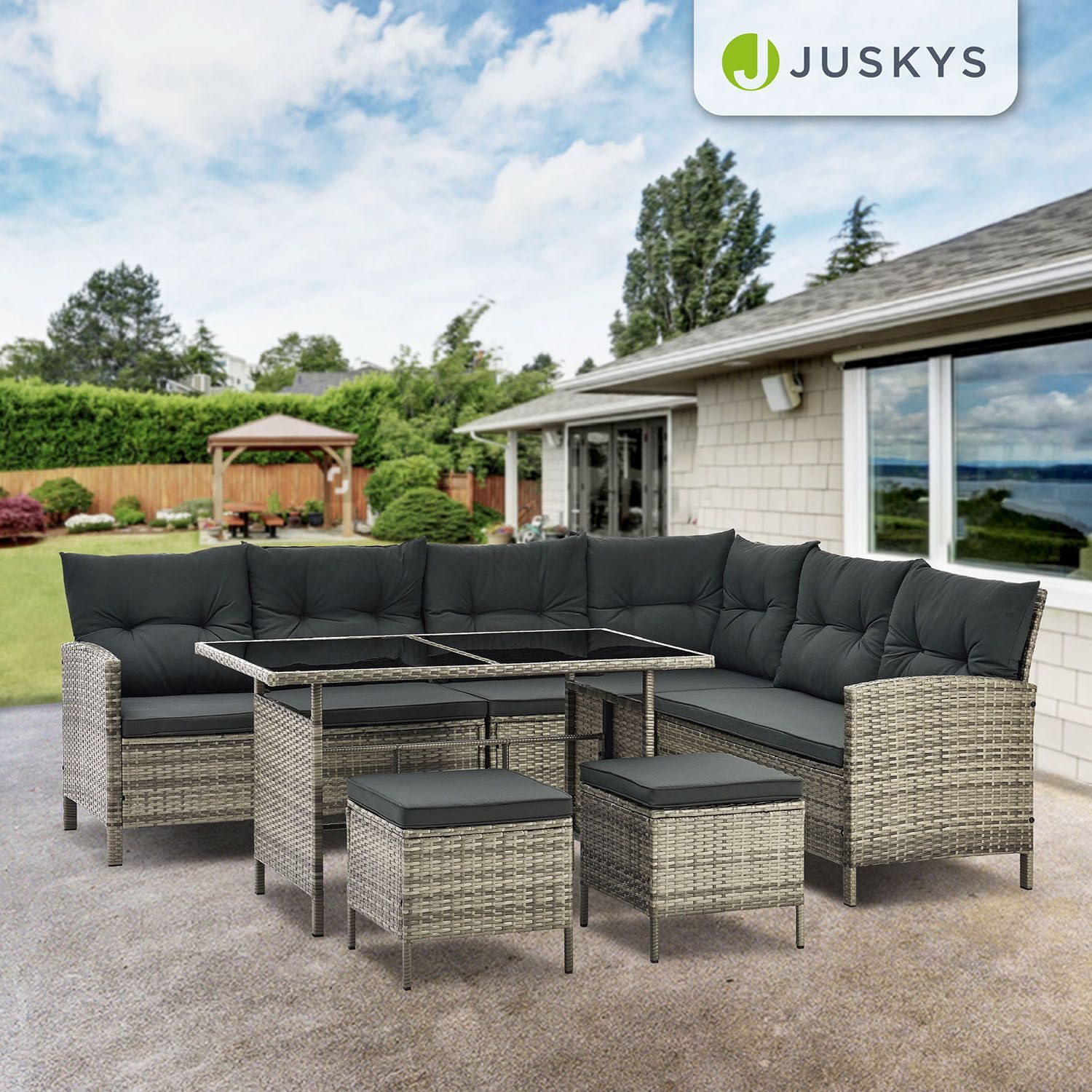Juskys Gartenlounge-Set Manacor, (Gartenlounge), Polyrattan Gartenmöbel-Set mit Garten-Sofa, Garten-Tisch und 2 Hocker