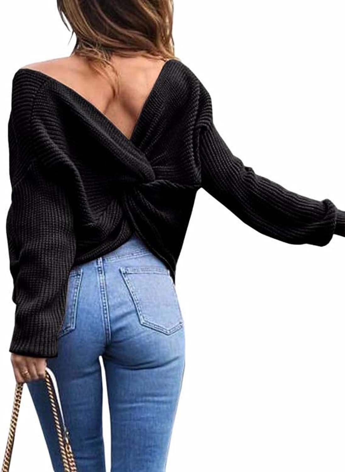 Housruse V-Ausschnitt-Pullover Damen Sexy V-Ausschnitt Pullover, Loose  Rückenfrei Fledermaus Rücken
