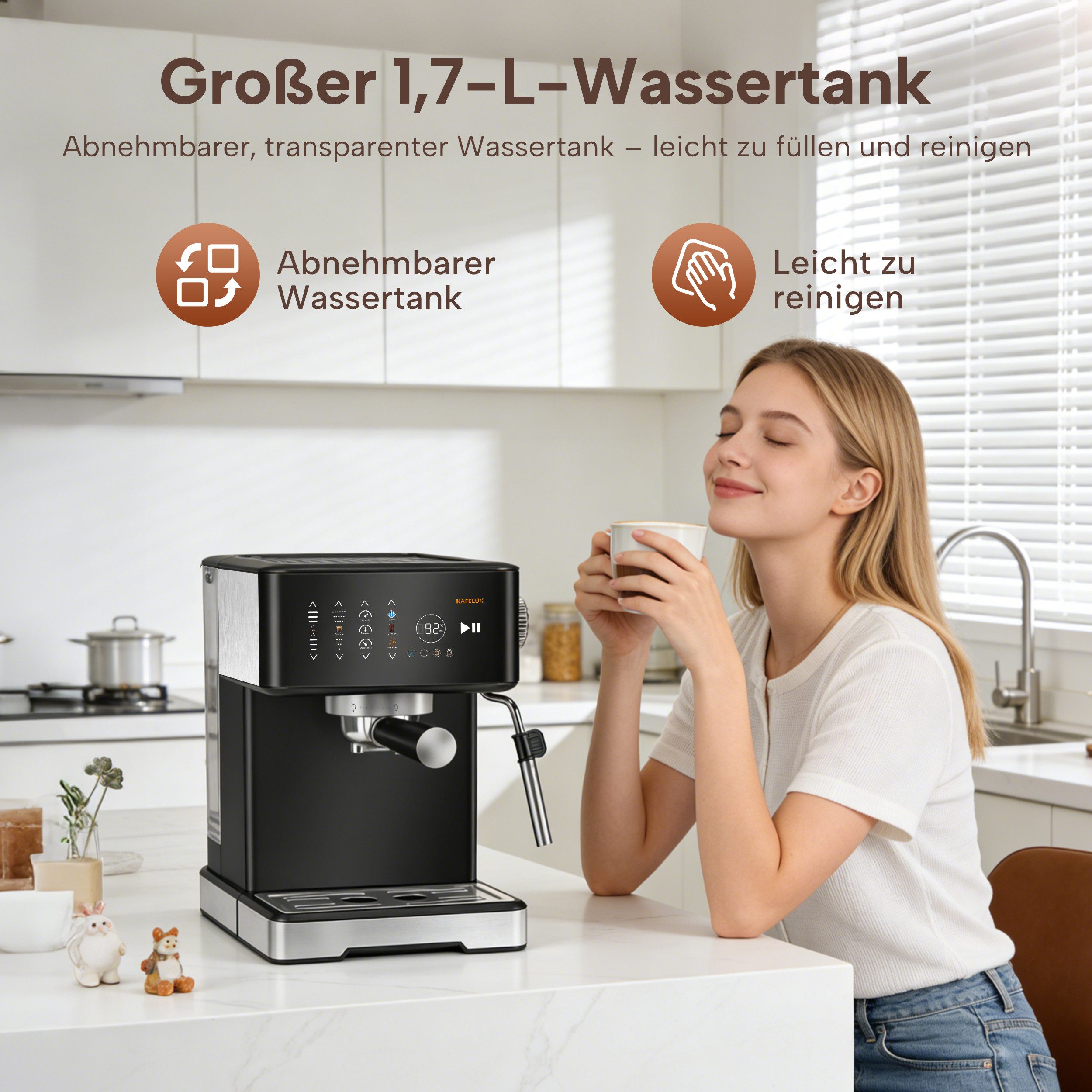 Vankel Espressomaschine TC51P 20 bar 1400 W Siebträgermaschine mit Milchaufschäumer, Touchscreen, Filtersieb, Kapseladapter, 1,7L Wassertank, Espresso, Cappuccino & Latte für Kaffee zu Hause