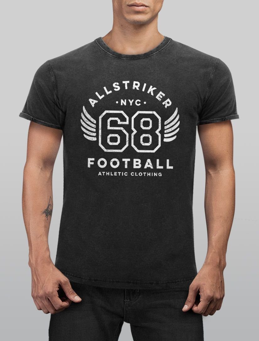 Vintage Printshirt Slim Vintage Shirt Football schwarz Neverless® Used 68 NYC Neverless Herren T-Shirt mit Clothing Print-Shirt Fit Athletic College Print Look